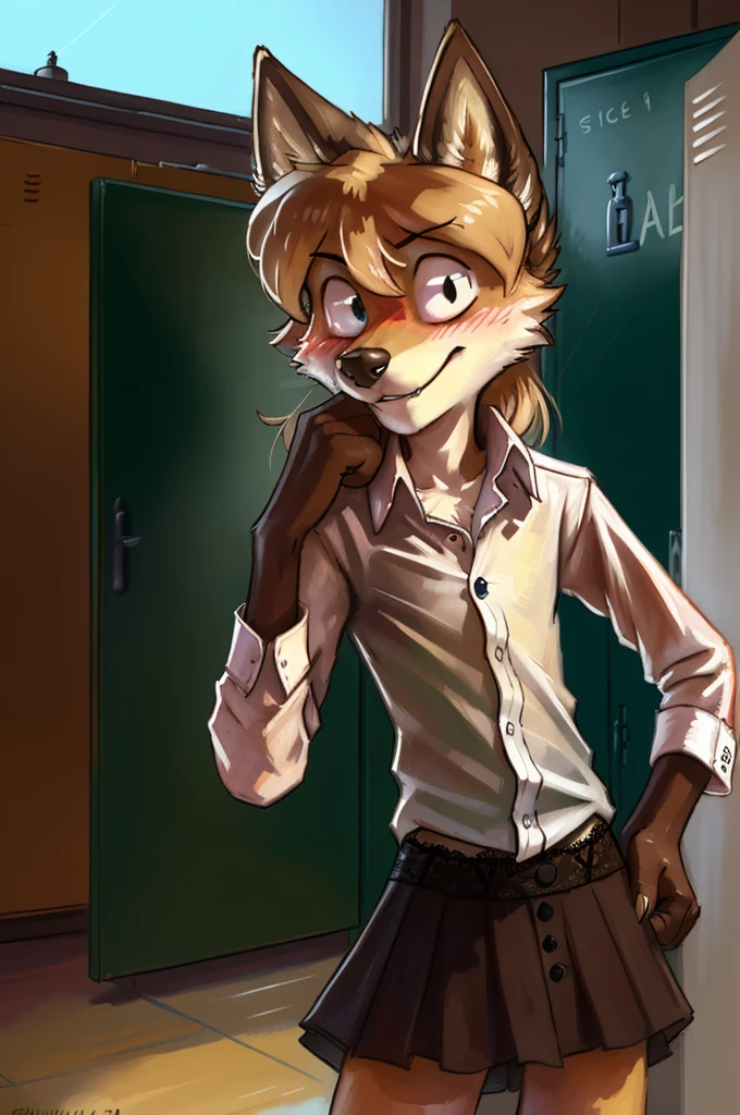 wolf, male, slender, ((twink)), detailed, uploaded to e621, beautiful and detailed portrait of an anthropomorphic boy, (((male))), kenket, uploaded to e621, (see-through detailed lace skirt, white button up shirt), embarrassed, blushing, smile, school locker room,