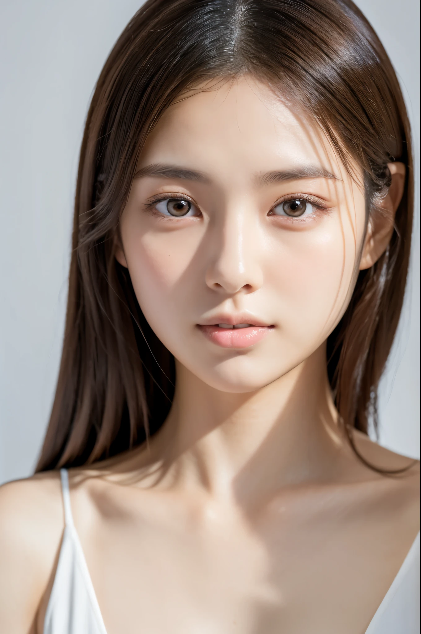 Young japanese lady, 30s, White background, It features a simple背景, white-brown hair, slender, 4K, in 8K, High quality, Beauty, Beautiful eyes, It features a simple, High resolution,1 person,Beautiful skins,Beautiful skin