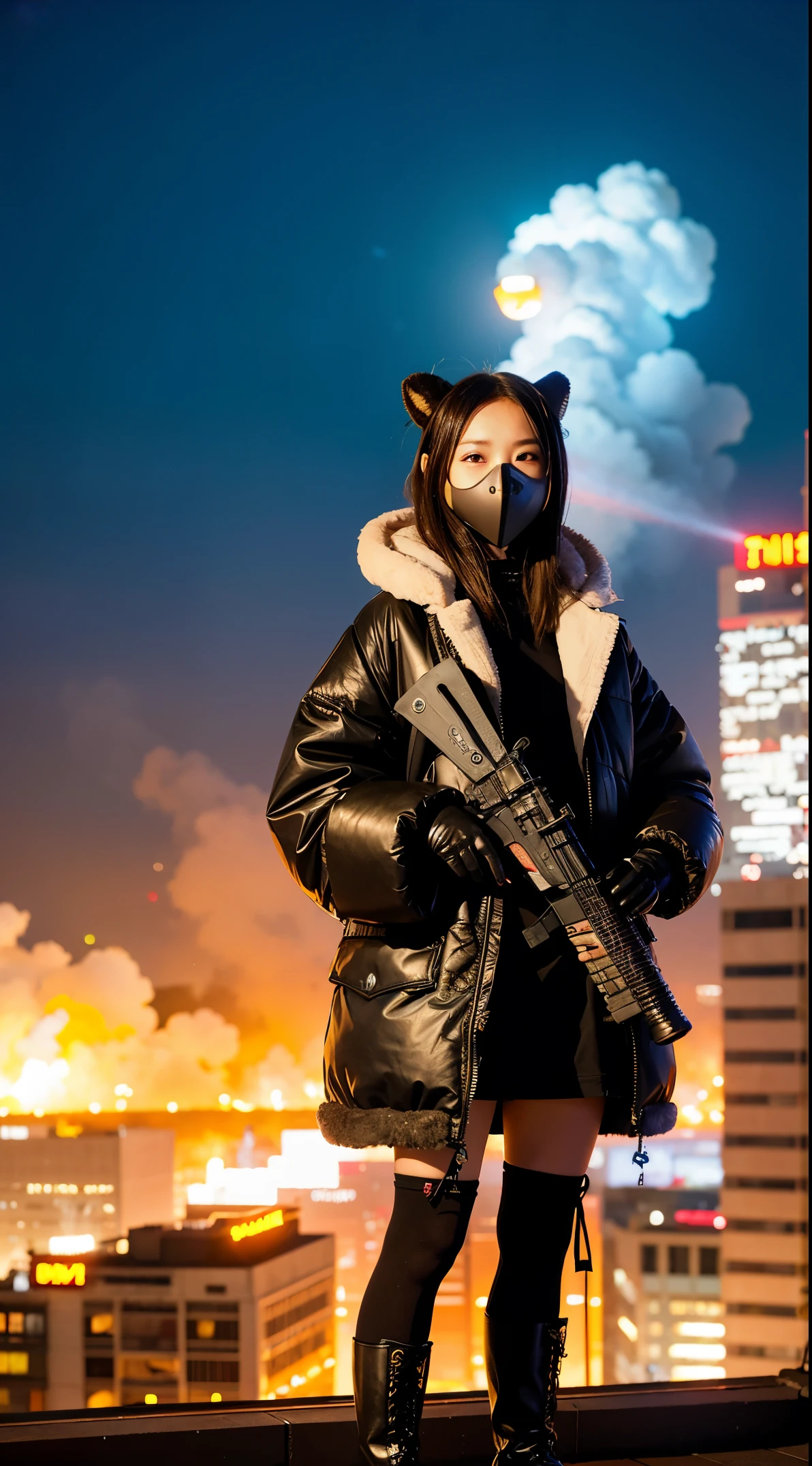 gals、Large gas mask、fur-coat、dictator、Big dragon tattoo、Tattoos all over the body、Glowing headgear、On the rooftop、Huge background is a neon sign、Leather gloves、long boots、Holding a Japan sword、Baseball armor、insurrection、Nuclear power plant in the background、Terrorist groupluorescence Headgear、short-haired、bleu hair、Ignite fire from a flamethrower、middle school girl、20years、gas masks、high socks、Rooftop at night、City on fire in the background