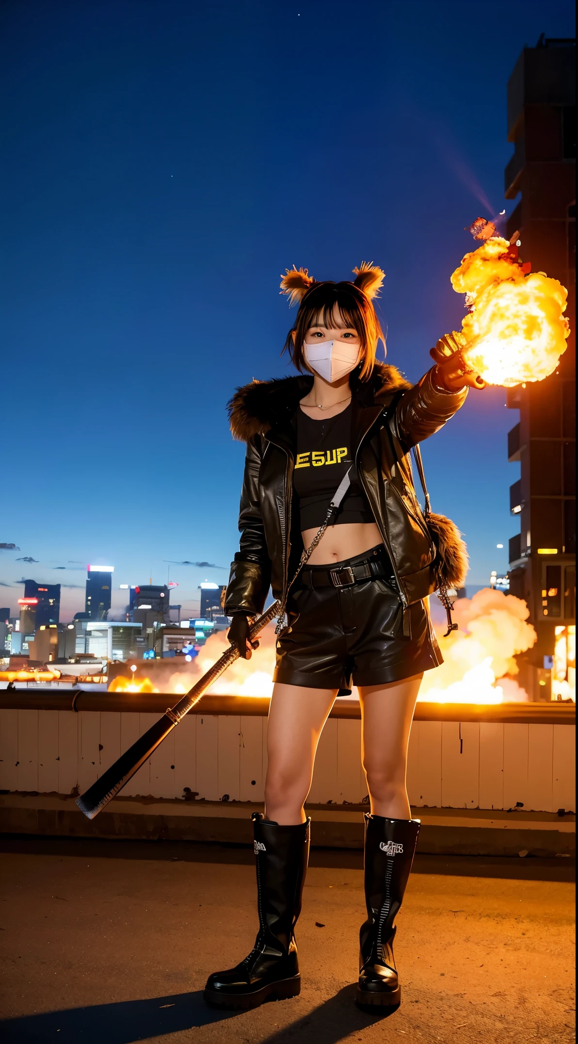 gals、Large gas mask、fur-coat、dictator、Big dragon tattoo、Tattoos all over the body、Glowing headgear、On the rooftop、Huge background is a neon sign、Leather gloves、long boots、Holding a Japan sword、Baseball armor、insurrection、Nuclear power plant in the background、Terrorist groupluorescence Headgear、short-haired、bleu hair、Ignite fire from a flamethrower、middle school girl、20years、gas masks、high socks、Rooftop at night、City on fire in the background