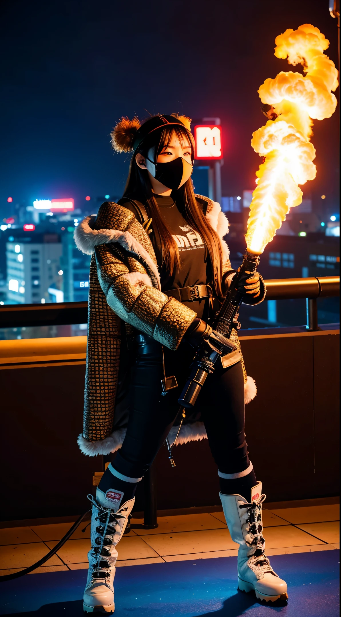 gals、Large gas mask、fur-coat、dictator、Big dragon tattoo、Tattoos all over the body、Glowing headgear、On the rooftop、Huge background is a neon sign、Leather gloves、long boots、Holding a Japan sword、Baseball armor、insurrection、Nuclear power plant in the background、Terrorist groupluorescence Headgear、short-haired、bleu hair、Ignite fire from a flamethrower、middle school girl、20years、gas masks、high socks、Rooftop at night、City on fire in the background
