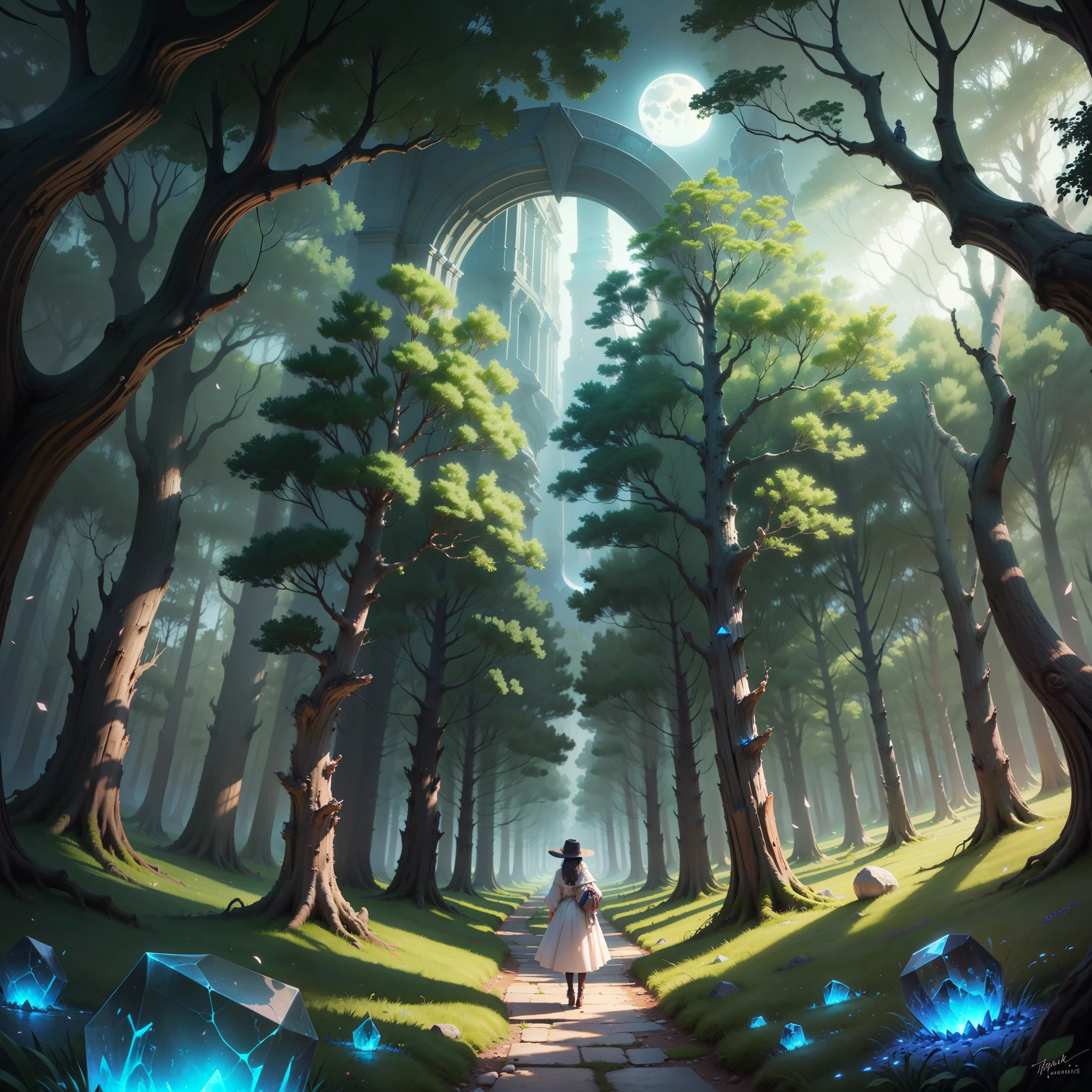 The animation opens with a breathtaking view of the mystical Crystal Grove in Lumaria. The moonlight gently illuminates the crystal trees, casting a magical glow over the landscape. Soft, ethereal music sets the tone as we see the ancient Sage Quartz discovering a baby girl near the heart of the grove. --auto --s2