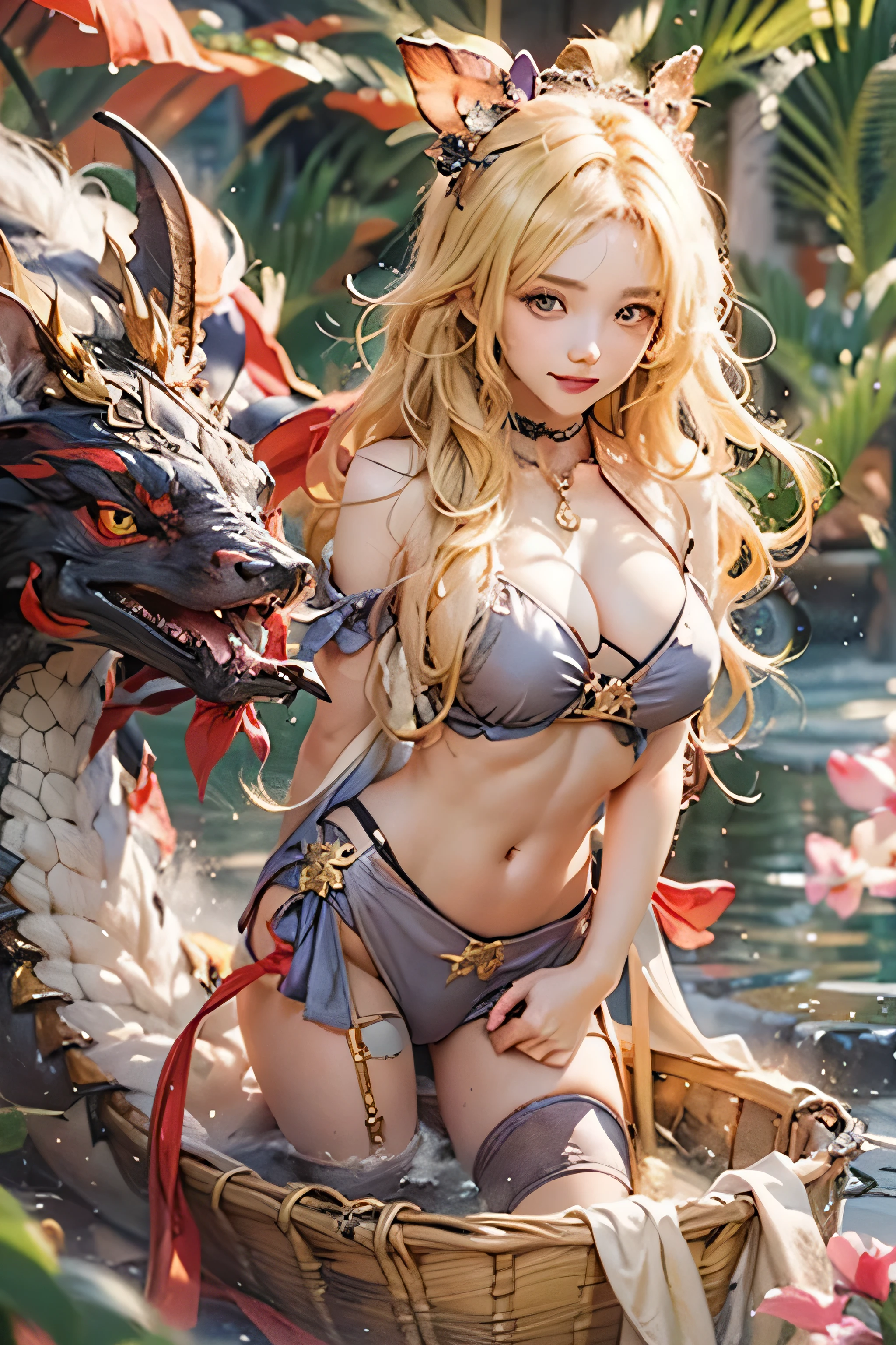 (Photorealsitic:1.3,visualart,depth of fields, top-quality,8K picture quality,masterpiece:1.3,hight resolution,masutepiece:1.2),A 23-year-old woman with a dragon wrapped around her body:1.3,(Beautiful wide open golden eyerest, Gold Bikini、Golden choker),(Long hair:1.2,a blond:1.3), Blue Eye, (ssmile:1.2),Stranger, detailed flawless face:1.5,normal hands:1.5,Normal finger:1:5,Normal legs:1.5,outdoor bath,steam,steams,Background with(Mt fuji:1.3, sunrises:1.3),Elaborate design,The best lighting,Front Angle+, (detailed flawless face),normal hands:1.5,Normal finger:1:5,Normal legs:1.5