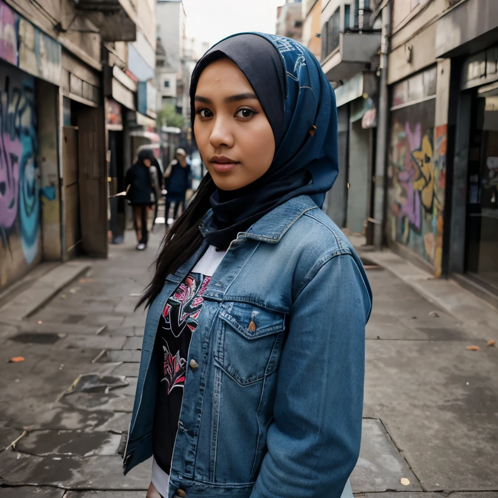 Close-up of a young Malay beautiful woman in hijab, wearing a blue denim jacket, holding an umbrella, Graffiti and street art as background, colorful patterns, expressive eyes, contrast and sharpness, Canon EOS 5D Mark IV, ISO1600, f/4, 6k .