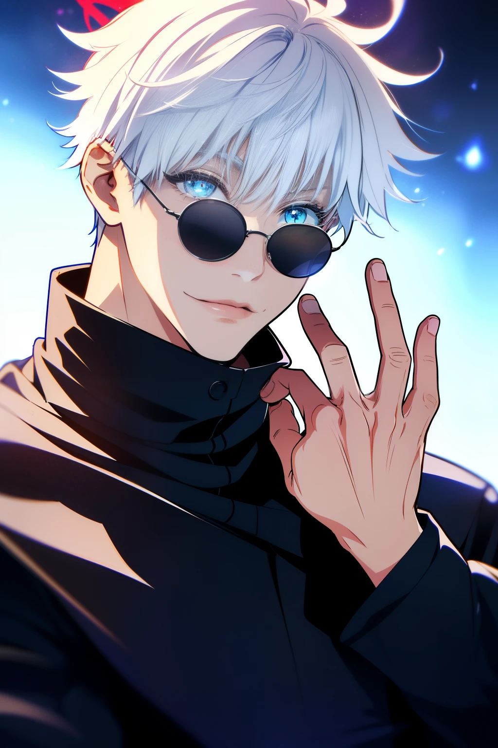 ((High detail、Cinematic lightinessy white hair、aquamarine Eyes、White eyelashes、god light、Ray tracing、shadowing、Optical 、The upper part of the body、Looking at the camera、Masterpiece、((Super detail、Best quality、8K))、jujutsu kaisen、Gojo Gojo、Black attire、The surgery begins、Perfect black background、serene look、formidable presence、Enigmatic Atmosphere、(Strange moonshine、Ominous Shadows、 Intense Blue Aura、 Rich red halo、Symbolizes the power around him、Radiating Magical Energy、Mystical Artifacts、Ether-like granules、dynamicposes、epic soundtrack、sense of awe、(((The detailed hand)))、sunglass