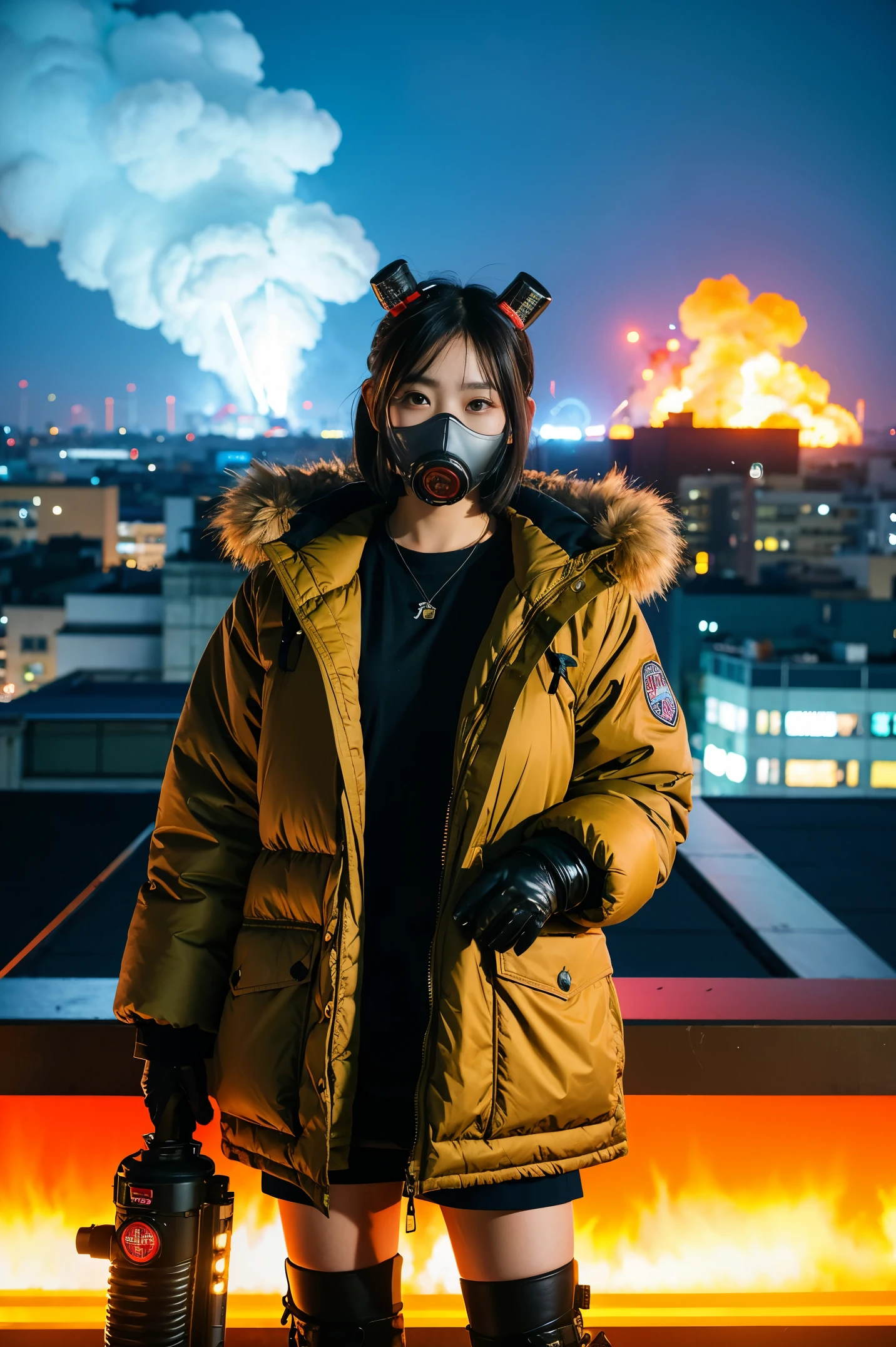 Large gas mask、fur-coat、dictator、Big dragon tattoo、Tattoos all over the body、Glowing headgear、On the rooftop、Huge background is a neon sign、Leather gloves、boots、Holding a Japan sword、Baseball armor、insurrection、Nuclear power plant in the background、Terrorist groups、Fluorescence Headgear、short-haired、bleu hair、Ignite fire from a flamethrower、、14years、gas masks、 socks、Rooftop at night、City on fire in the background