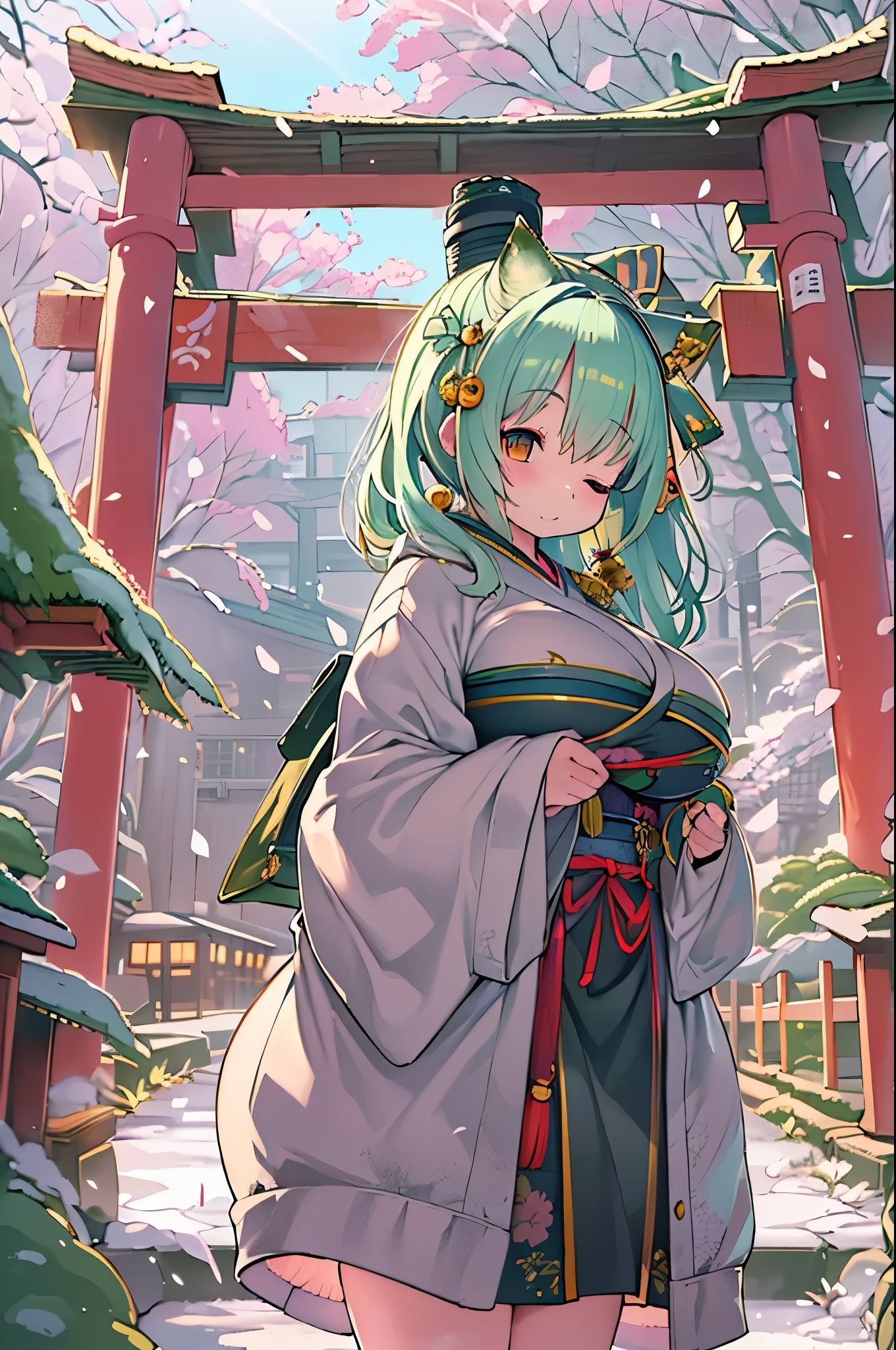 huge-breasted、kawaii、(Sunny Clothes)、torii gate、{{close up to face}}、eye closed、bbw、thick thight、big butts、Ultramammy, Winter days, Anime Background Art, japanese art style, beautiful anime scene,detailed scenery - width 672, Background art, Anime landscapes, Anime Background, Beautiful anime scenery, Beautiful peace scenes in anime, landscape artwork, Japan Village, Anime landscapesコンセプトアート, 8K))、New Year’s Day、1 moon、Pray、Praying to God with palms together、facing front