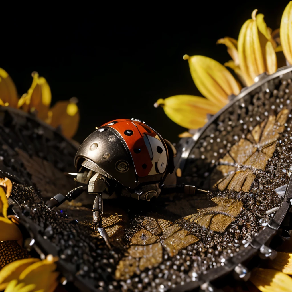 A tiny, meticulously designed robotic ladybug with visible gears, microprocessors, and metallic joints, resting on a dew-speckled, bright sunflower petal, showcosed in an extremeclose-up to emphasize the stark contrast between the
mechanical intricacy of the ladybug and the natural simplicityof the flower, all under the gentle, diffused light of an early.morning, evoking a sense of wonder and futuristic elegance.