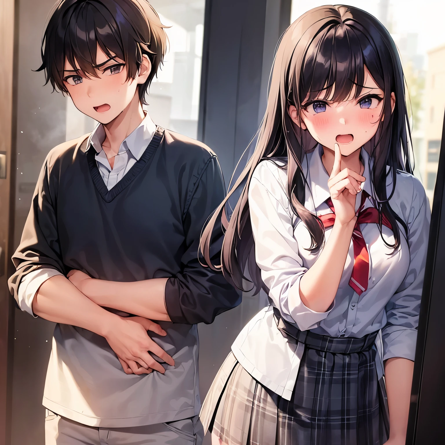 ((boy and girl, surprise, hand on cheek)), open mouth, embarrassed, (boy sad face), (girl angry face), wear high-school uniform