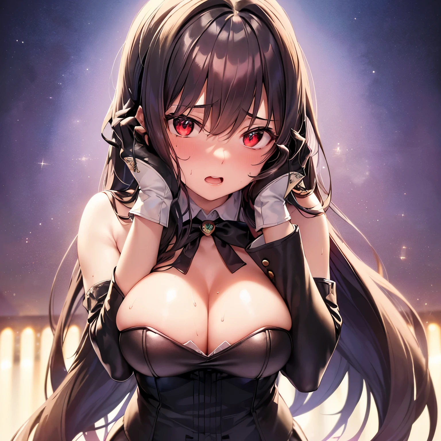 ((solo)), ((pretty idol)), ((on the stage)), ((night)), ((from below)), ((close up shot)), ((naval focus)), ((high resolution:1.3)), ((official art:1.3)), ((masterpiece:1.3)), ((ultra detailed:1.3)), ((long hair)), slim body, black eyes, breasts, cleavage, ((wear tailcoat:1.4)), ((hand gloves)), ((half open eyes)), ((surprised face)), ((squint)), ((shy)), ((embarrassed)), ((face turns red)), ((sweat hard)), open mouth, head_tilt, look at viewer, deep shadows, faint light, head_tilt, ((hands on the face:1.4), breasts, looking at the viewer, open stance,