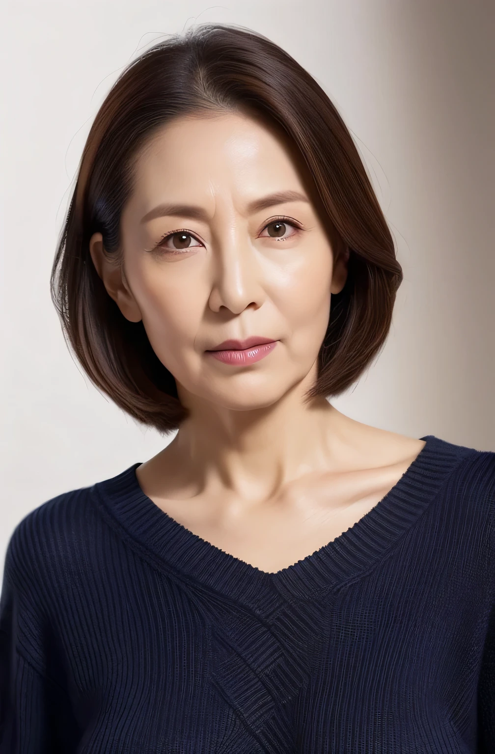 hight resolution, high-level image quality, high detailing, masterpiece, Textured skin, tre anatomically correct, sharp, greybackground((japanese mature, 70yo)), 独奏, ((Wrinkles on the face)), large breasts with good shape, Straight light brown hair that reaches to the shoulders, chubby figure (((erect through, facing the center of the screen.))), Close your mouth and look straight ahead with a serious face, Sweaters, skirt by the, ((cowboy shot)),