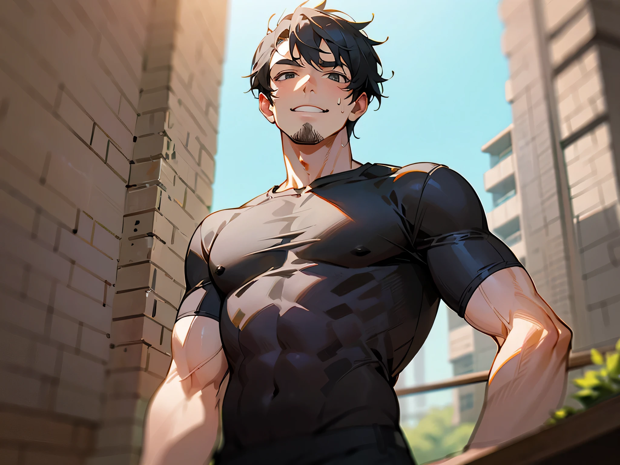 age 30s,Angle from below,Cabedon,upscaled,grinning evily,1 man, Short black hair,Uncle,macho, Black shirt, standing in the sun, , I have a brick in my hand, Sweat,constructionyardai