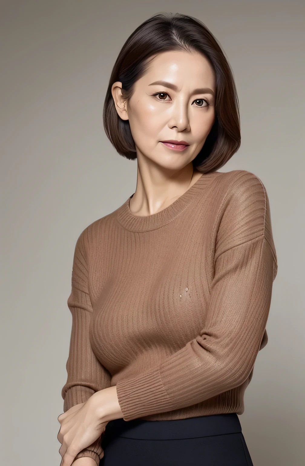 hight resolution, high-level image quality, high detailing, masterpiece, Textured skin, tre anatomically correct, sharp, greybackground((japanese mature, 70yo)), 独奏, ((Wrinkles on the face)), large breasts with good shape, Straight light brown hair that reaches to the shoulders, chubby figure (((erect through, facing the center of the screen.))), Close your mouth and look straight ahead with a serious face, Sweaters, skirt by the, ((cowboy shot)),