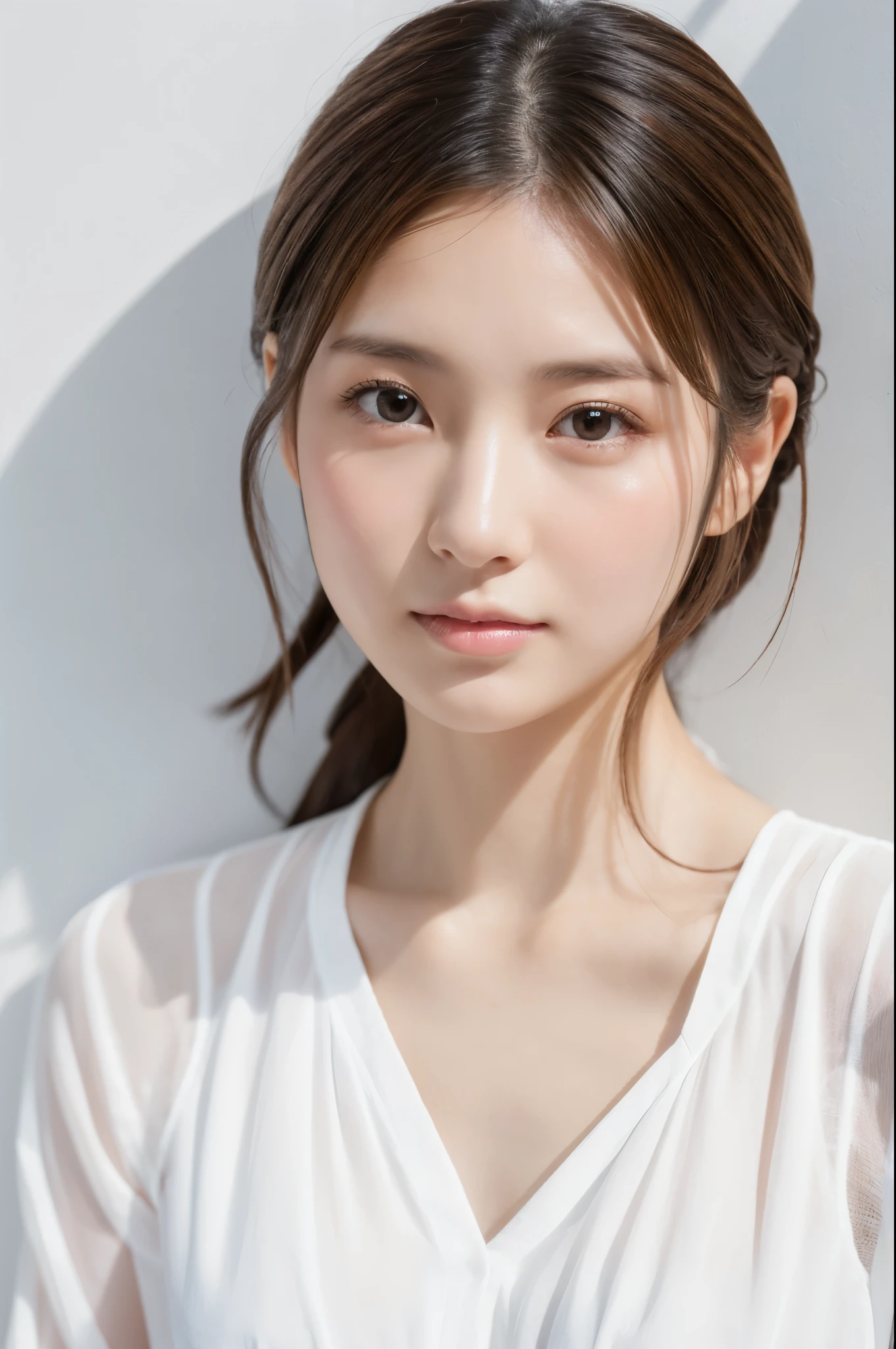 Young japanese lady, 30s, White background, It features a simple背景, white-brown hair, slender, 4K, in 8K, High quality, Beauty, Beautiful eyes, It features a simple, High resolution,1 person,Beautiful skins,Beautiful skin,Dressed in a white shirt