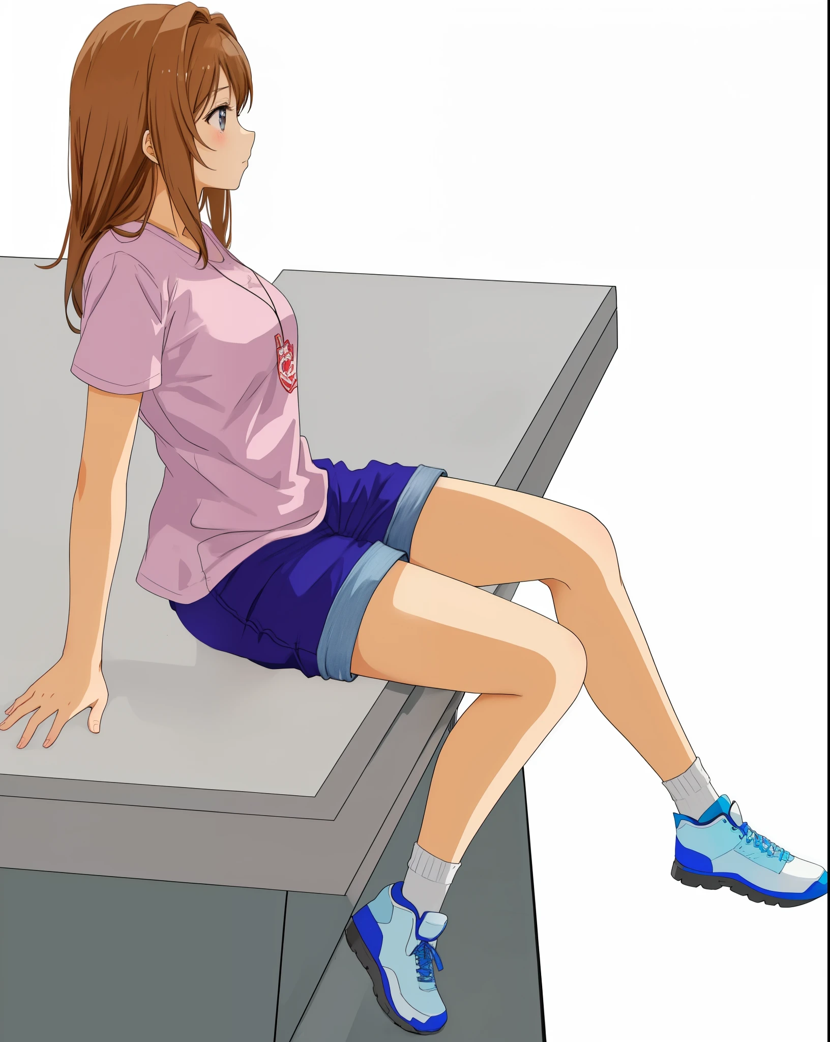 Anime brown hair girl with pink shirt and short blue jeans sitting on a desk with her legs crossed, sitting on a table, sitting on a desk, sitting on top a table, sitting on a lab table, sitting on the table, beautiful anime girl squatting, sitting at a desk, anime pose, sitting at a table, sitting pose, sitting at desk, on a table, the anime girl is crouching