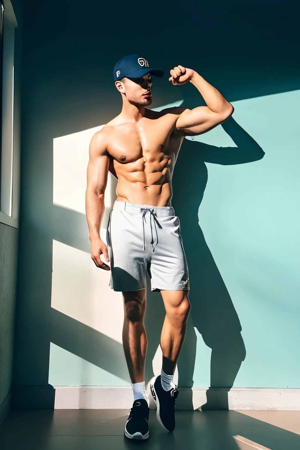instagram photo, creative shot, fitness influencer gymgjock (five o'oclock shadow, manscaped), baseball cap, shorts, show off, physique, superior arrogance, super buff and cool
