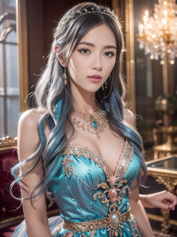 best qualtiy， tmasterpiece， 超高分辨率， （realisticlying：1.5）， RAW photogr， 1girll, silber hair, long hair，hair adornment shoulders，Cold and glamorous，Raised sexy，Cyan and pink tulle dress, Detailed scenes, amazing pose, Eye-catching accessories, Picturesque