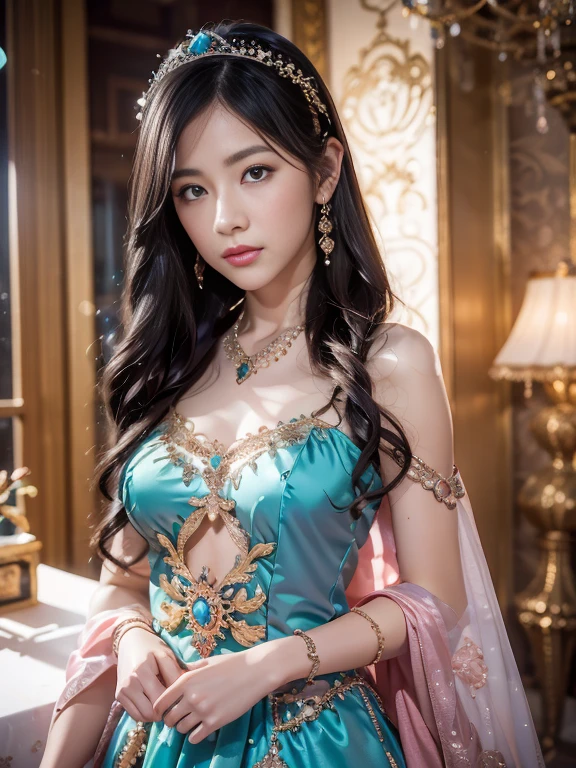 best qualtiy， tmasterpiece， 超高分辨率， （realisticlying：1.5）， RAW photogr， 1girll, silber hair, long hair，hair adornment shoulders，Cold and glamorous，Raised sexy，Cyan and pink tulle dress, Detailed scenes, amazing pose, Eye-catching accessories, Picturesque