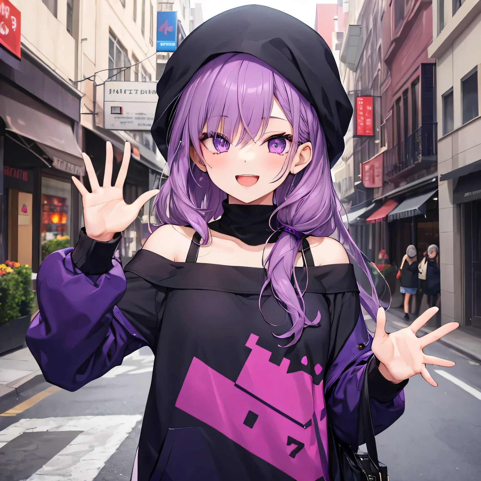 masterpiece, 1girl, solo, purple eyes, long hair, purple hair, hoodie, off shoulder:1.2, smile, open mouth, one eye close, wink, mob cap, street, posing