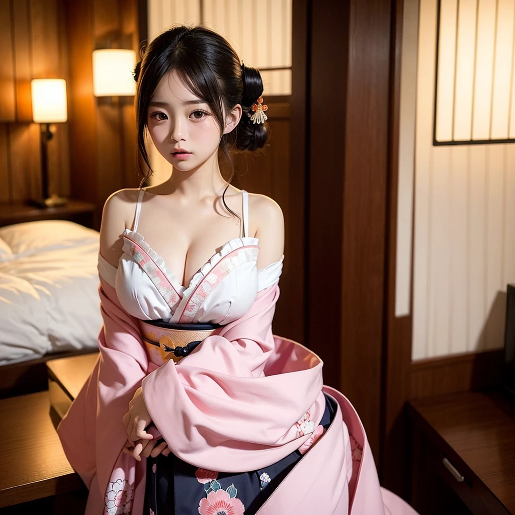 teens girl、(((soio)))、(((komono)))、Kimono、Furisode、Breakdown、(((Futomo)))、dishevled hair、Skin Texture、D-Cup bust、cleavage of the breast、inside in room、hotel、Bedrooms、Bright lighting、Background blur