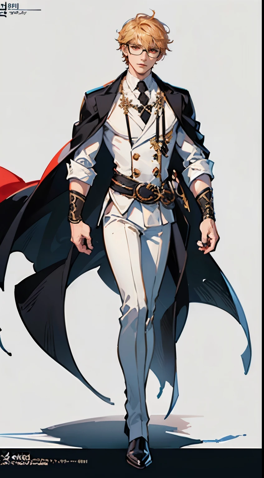 ((masterpiece,best quality,8k,highres)),((character concept art)), 1 male, young male, merchant guild leader, 185cm height, extraordinary handsome, charming, incredible body build (muscular), ultra finely detailed eyes (red eyes colour), intricate details, korean style short hair, undercut short hair, (blond hair colour), black glasses, super finely detailed hands, ultra finely detailed fingers(((ten finger))), white tunic outfit(stylish), white merchant coat, black long pants, black gloves, black boots, standing still, full body showcase, (show full body), (no logos on background), (no logo), (( background)), ((plain background)), ((plain background)), (((empty background)))
