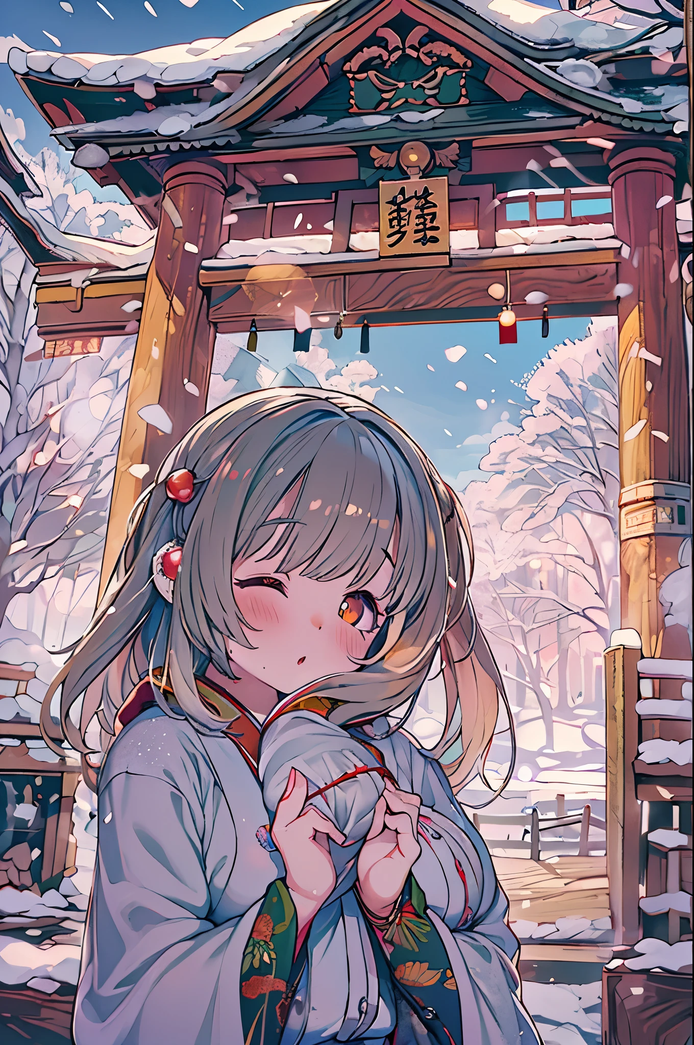 huge-breasted、kawaii、(Sunny Clothes)、torii gate、{{close up to face}}、eye closed、bbw、thick thight、big butts、Ultramammy, Winter days, Anime Background Art, japanese art style, beautiful anime scene,detailed scenery - width 672, Background art, Anime landscapes, Anime Background, Beautiful anime scenery, Beautiful peace scenes in anime, landscape artwork, Japan Village, Anime landscapesコンセプトアート, 8K))、New Year’s Day、1 moon、Pray、Praying to God with palms togethecing front
