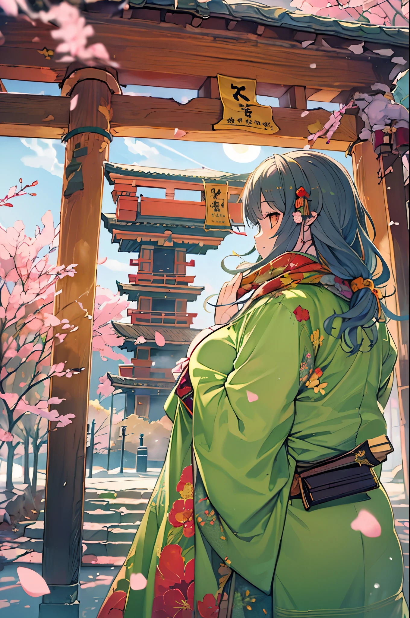 huge-breasted、kawaii、(Sunny Clothes)、torii gate、{{close up to face}}、eye closed、bbw、thick thight、big butts、Ultramammy, Winter days, Anime Background Art, japanese art style, beautiful anime scene,detailed scenery - width 672, Background art, Anime landscapes, Anime Background, Beautiful anime scenery, Beautiful peace scenes in anime, landscape artwork, Japan Village, Anime landscapesコンセプトアート, 8K))、New Year’s Day、1 moon、Pray、Praying to God with palms togethecing front