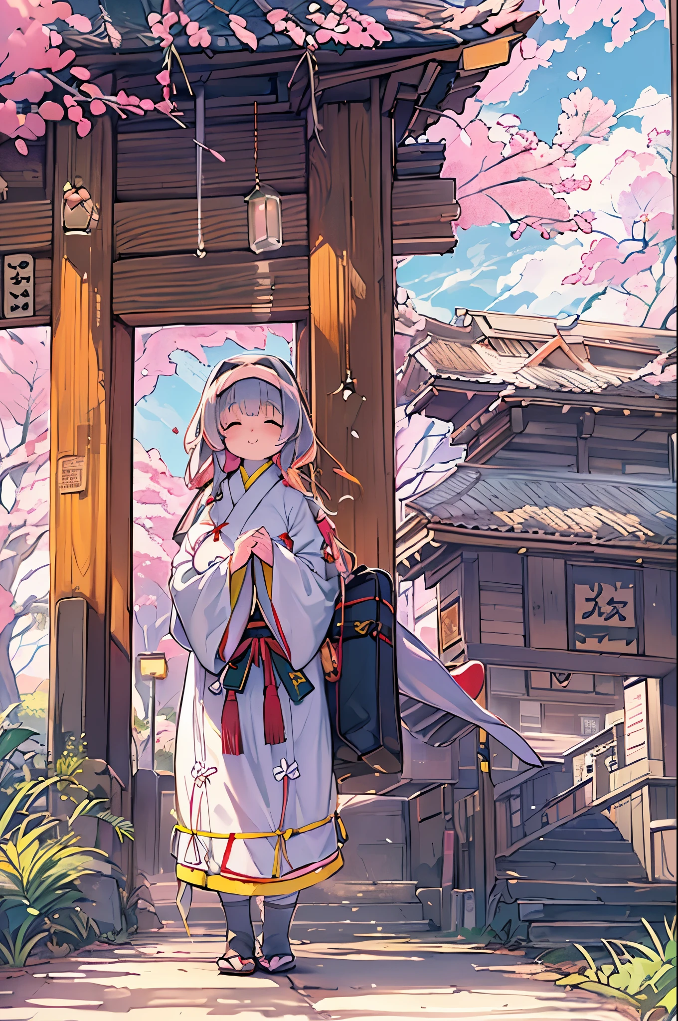 huge-breasted、kawaii、(Sunny Clothes)、torii gate、{{close up to face}}、eye closed、bbw、thick thight、big butts、Ultramammy, Winter days, Anime Background Art, japanese art style, beautiful anime scene,detailed scenery - width 672, Background art, Anime landscapes, Anime Background, Beautiful anime scenery, Beautiful peace scenes in anime, landscape artwork, Japan Village, Anime landscapesコンセプトアート, 8K))、New Year’s Day、1 moon、Pray、Praying to God with palms togethecing front