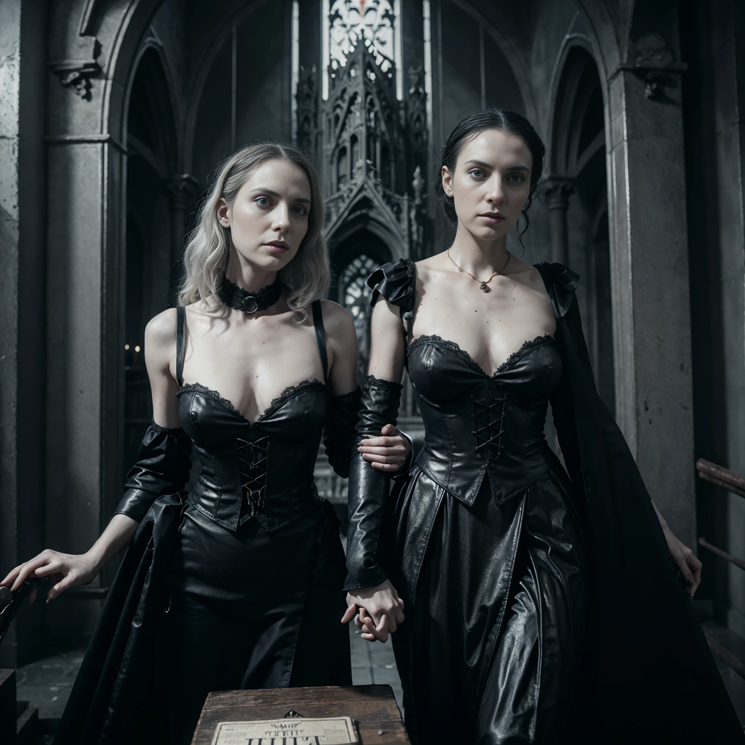 Albanian, girl, long brown hair, blue eyes, with blonde best friend, with blonde bestie, Goth vampire, Blonde protagonist, Medium-sized breasts, Vampire bite, Brunette victim, Neck biting, Dark atmosphere, Gothic setting, Supernatural encounter, Sensual tension, Vampire, Neck bite, Bloodlust, Fangs, Pale skin, Victim, Intensity, Sensuality, Darkness, Thrill