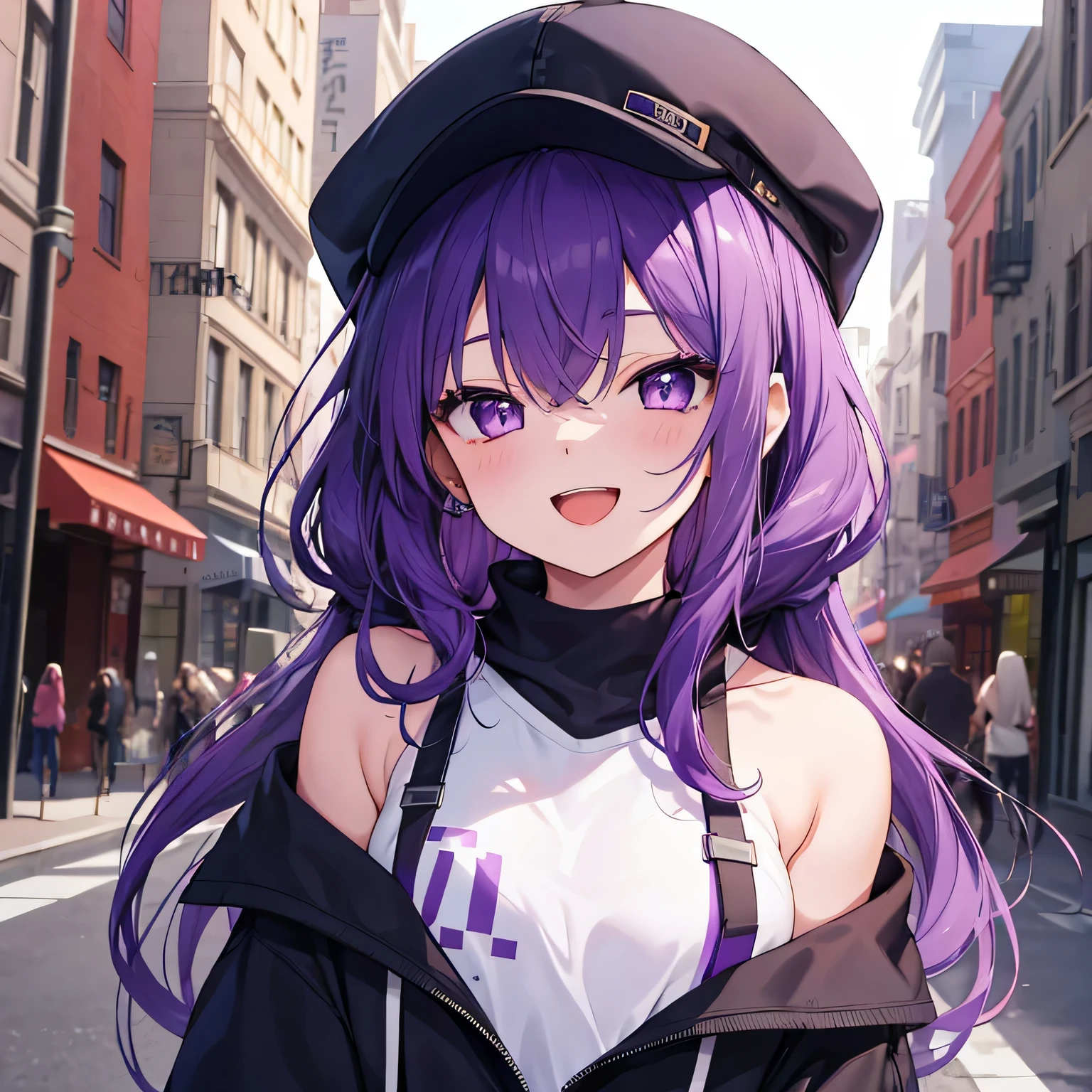 masterpiece, 1girl, solo, purple eyes, long hair, purple hair, hoodie, off shoulder:1.2, smile, open mouth, eyes close mob cap, street, posing