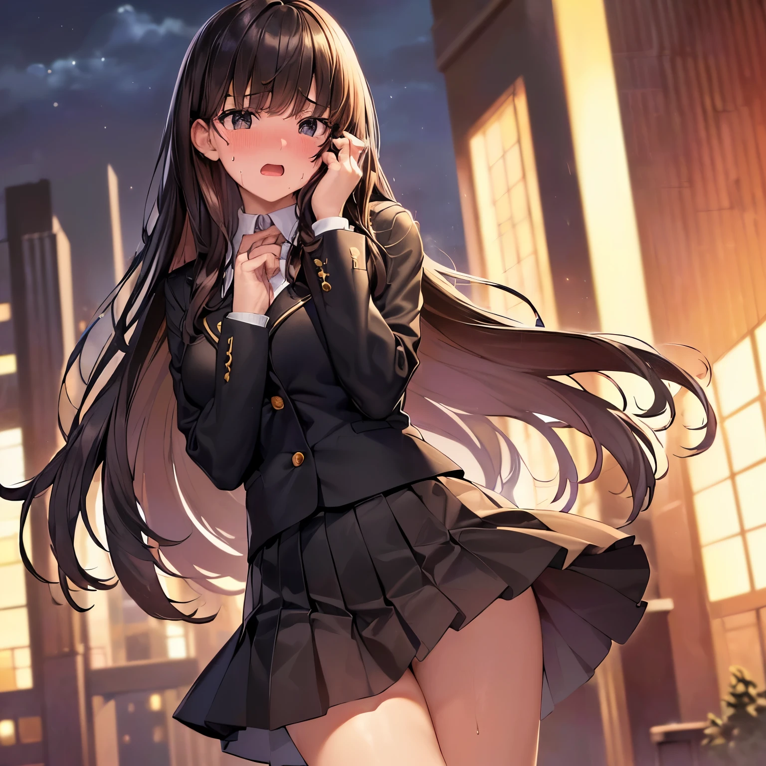((solo), ((city)), ((night)), ((high resolution)), ((best quality)), ((masterpiece)), ((super fine illustration)), ((4k)), ((highly detailed beautiful face and eyes)), ((black eyes)), ((beautiful high school student)), slim body, best body line, beautiful hands, beautiful fingers, beautiful legs, beautiful hair, ((brown hair)), ((wear school uniform)), ((black blazer)), ((black skirt)), ((black tights)), school bag, made up, ((shy)), ((embarrassed)), ((surprised face)), open mouth, ((sweat hard)), ((the face turns red)), ((both hands on the face:1.4)), ((touching hard the face)), ((head_tilt)), breasts, ((stand spread legs wide in front of you)), open stance