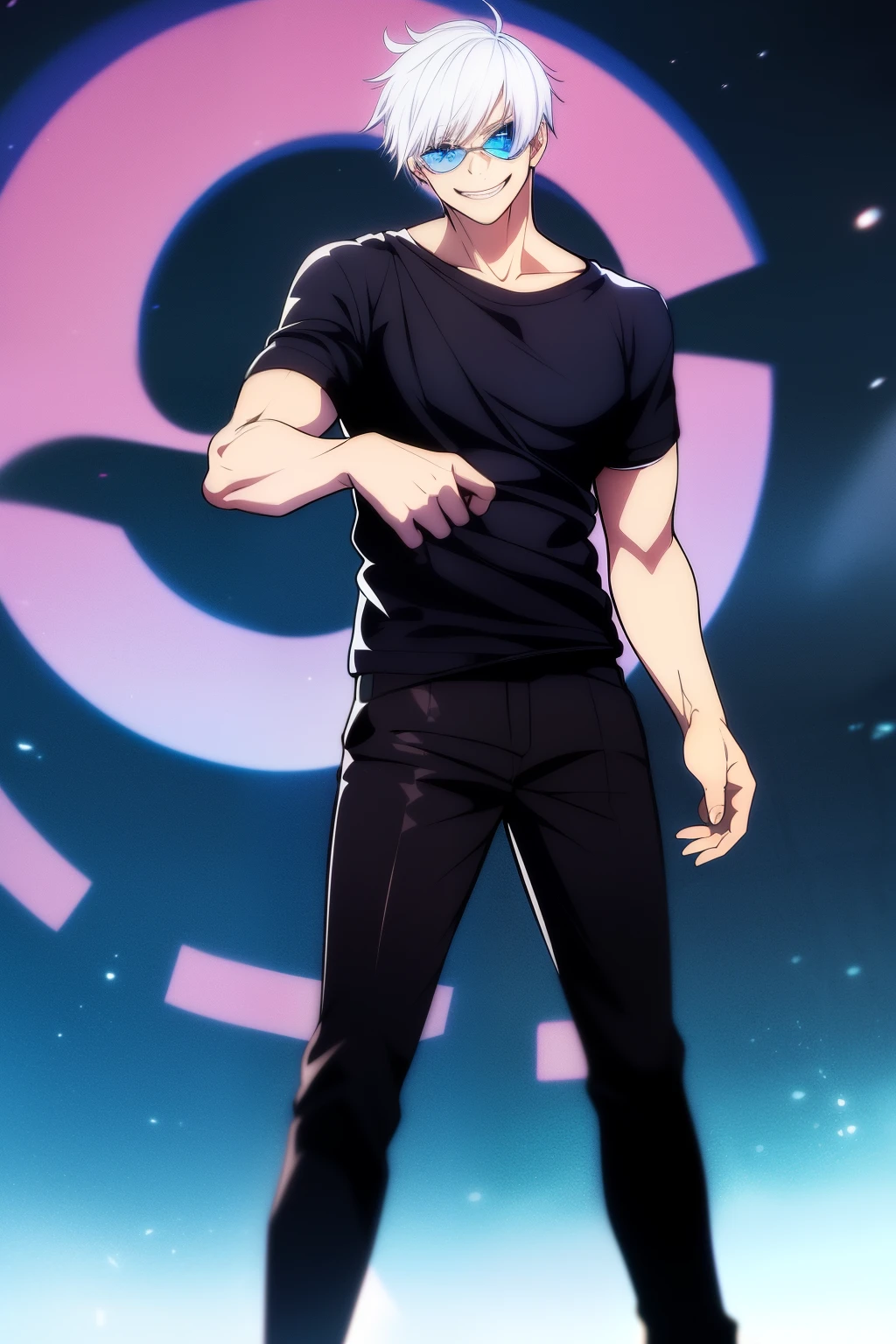 gojou, best quality, ultra detailed, 1man, solo, standing, white hair, blue eyes, Black T shirt, Tshirt, T-shirt, Black Slacks pants, stare, smile, (evil:1.2), looking at viewer, (interview:1.3), ((1girl)), bottomless, beautiful, masterpiece, best quality, shiny skin, facing at viewer, gojou, eye level