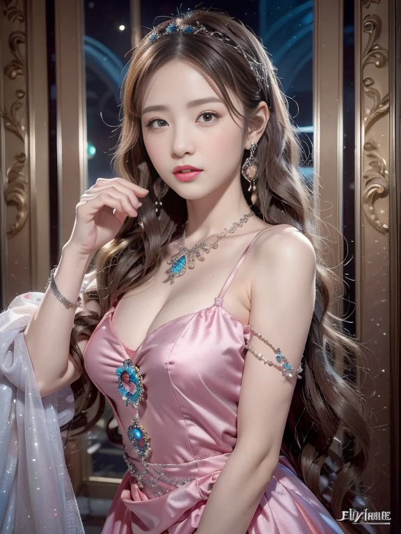 best qualtiy, tmasterpiece, 超高分辨率, (realisticlying:1.5), RAW photogr, 1girll, silber hair, long hair,hair adornment shoulders,Cold and glamorous,Raised sexy,Cyan and pink tulle dress, Detailed scenes, amazing pose, Eye-catching accessories, Picturesque