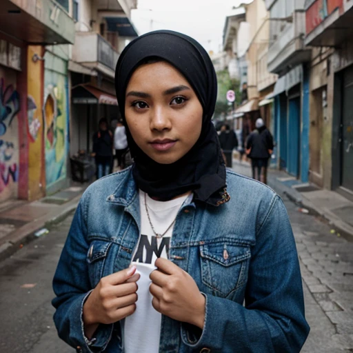 Close-up of a young Malay beautiful woman in hijab, wearing a blue denim jacket, holding an umbrella, Graffiti and  street art as background, colorful patterns, expressive eyes, contrast and sharpness, Canon EOS 5D Mark IV, ISO1600, f/4, 6k .