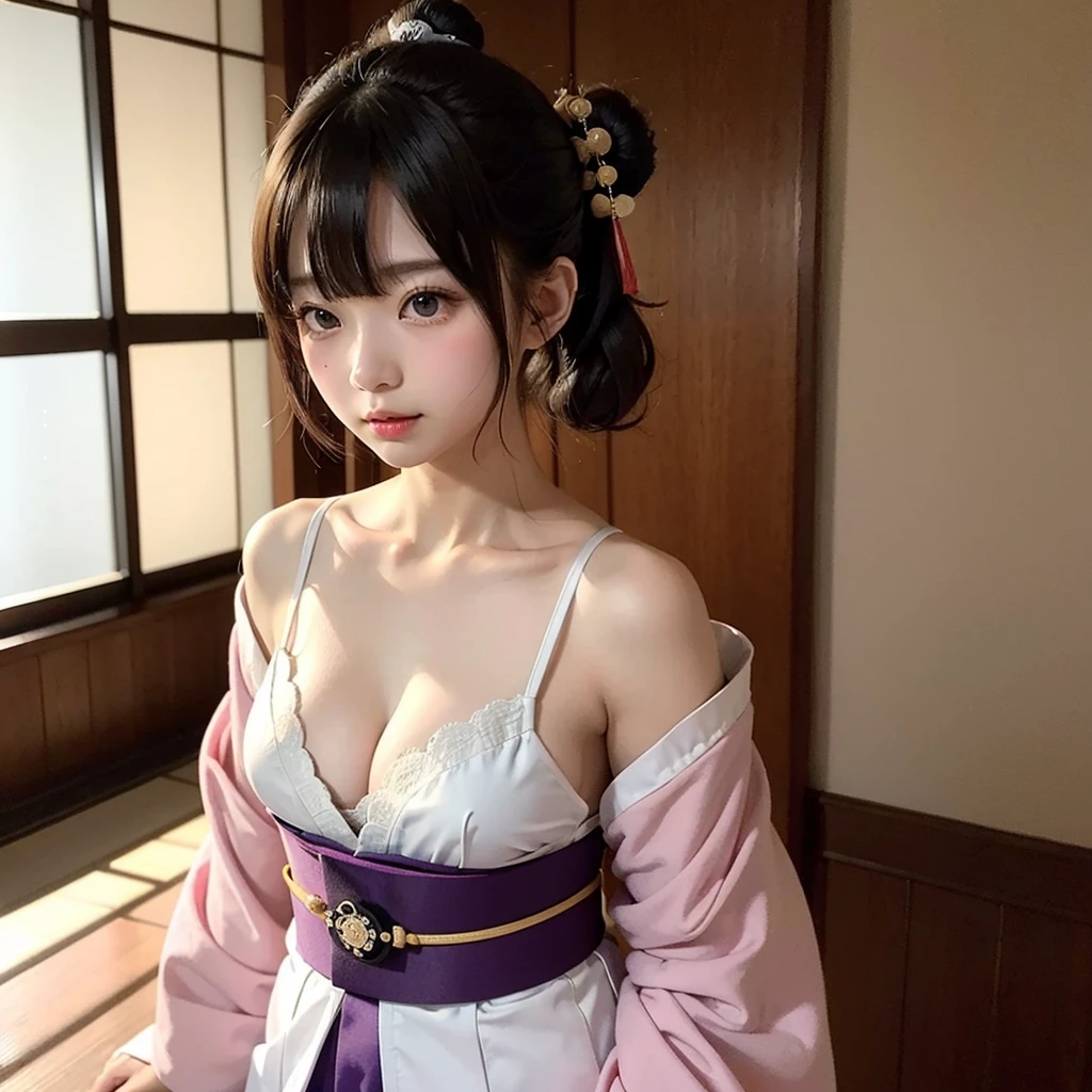 teens girl、(((komono)))、Kimono、Furisode、Breakdown、(((Futomo)))、dishevled hair、Skin Texture、D-Cup bust、cleavage of the breast、inside in room、Western-style room、Bedrooms、Bright lighting、wide-angle lens