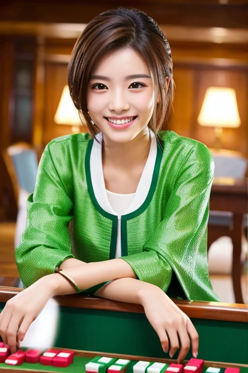 top-quality、masterpiece、hight resolution、4K、real 20 year old woman、female mahjong player、mahjong costume、a smile、Hairstyle is semi-long、1girl in、