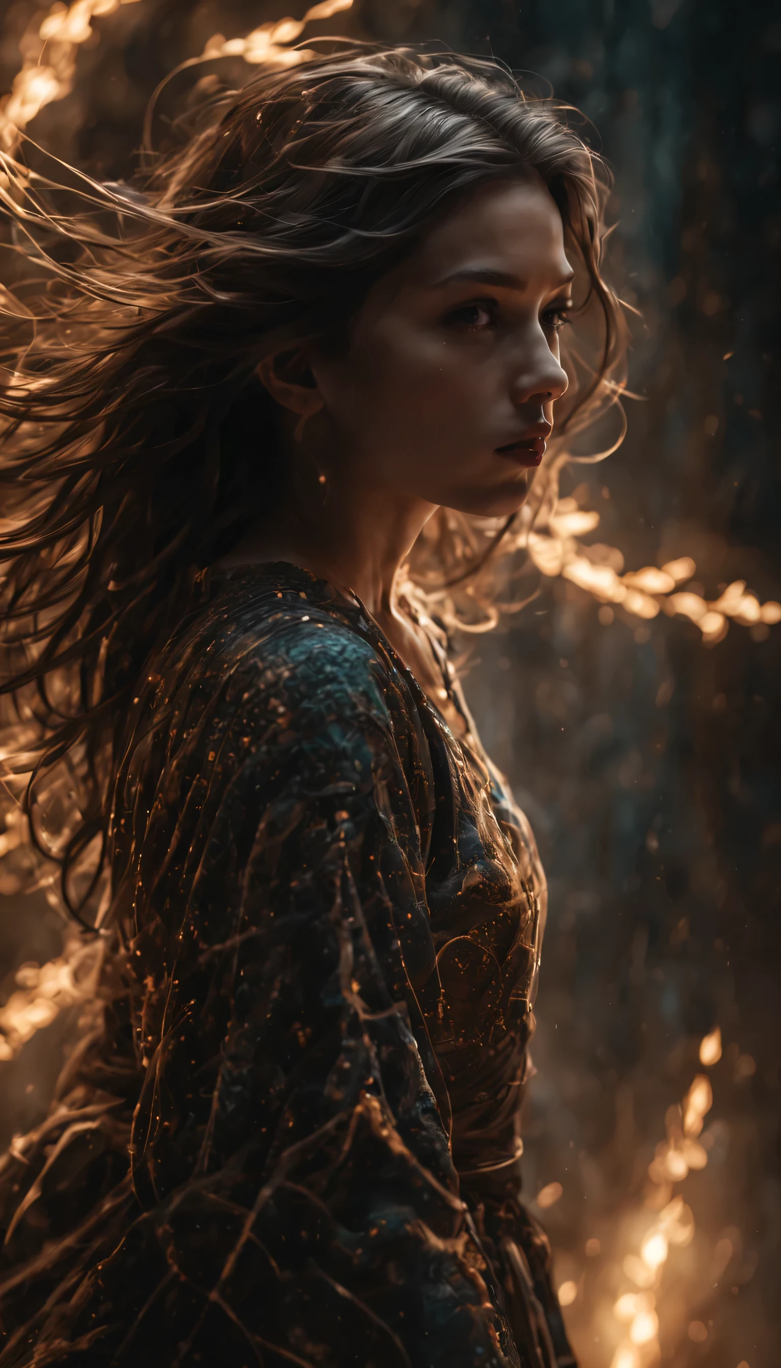 close mid-shot, ultra detailed visually rich illustration of (((a girl in motion))), luminous and enchanting, dark and eerie, lit dark fantasy realm, (rule of thirds) depth of field intricate details, subtle colors, fantastical realm, extremely detailed, ultra sharp focus, light particles, attention to detail, grandeur and awe, cinematic, stunning visual masterpiece, double exposure, photorealistic, cinematographic scene, highest quality, 32k, octane render, ((styles seamlessly blending together)), (((seamless blending))), (((environmental outlines))), ((detailed environment)))