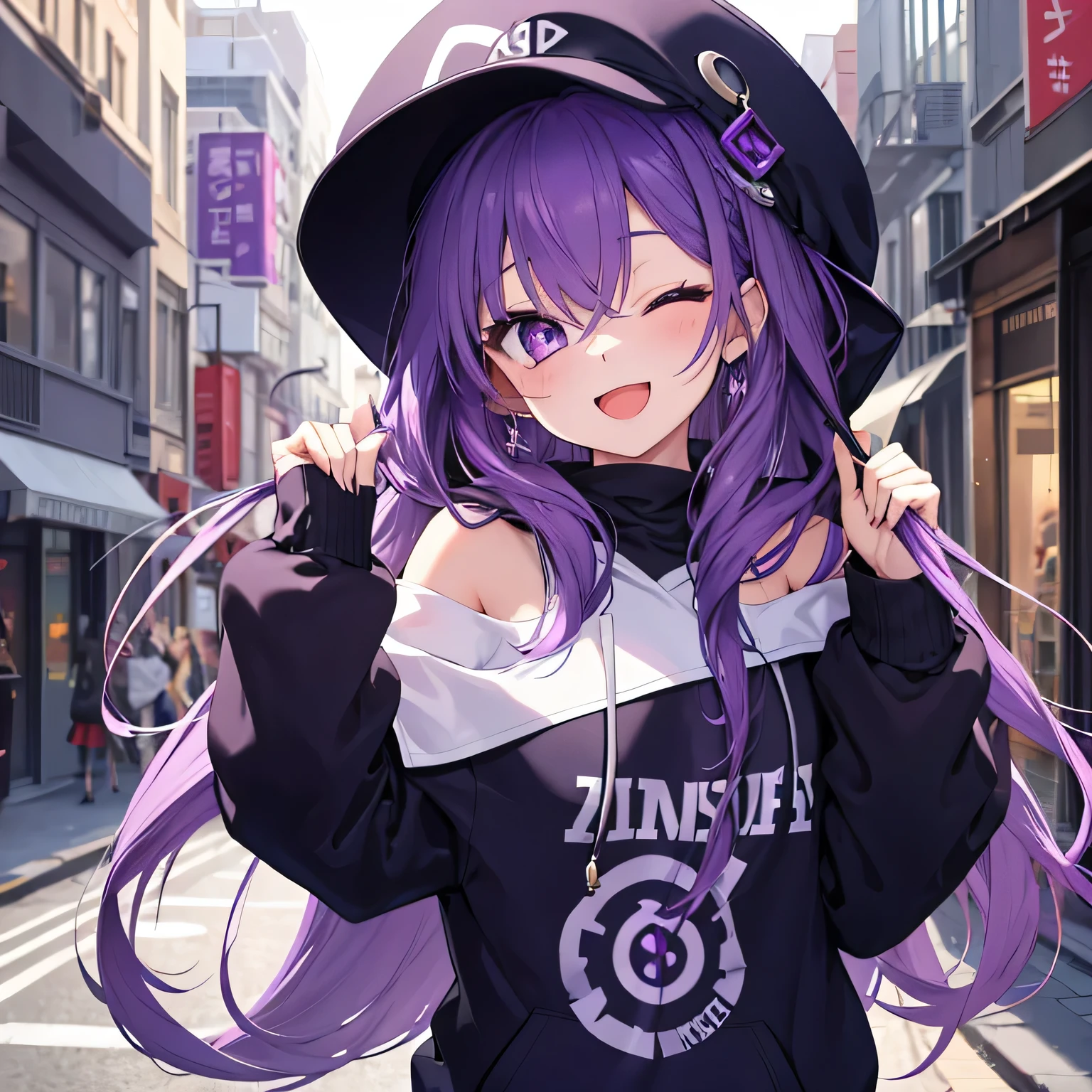 masterpiece, 1girl, solo, purple eyes, long hair, purple hair, hoodie, off shoulder:1.2, smile, open mouth, ((eyes close)), mob cap, street, posing