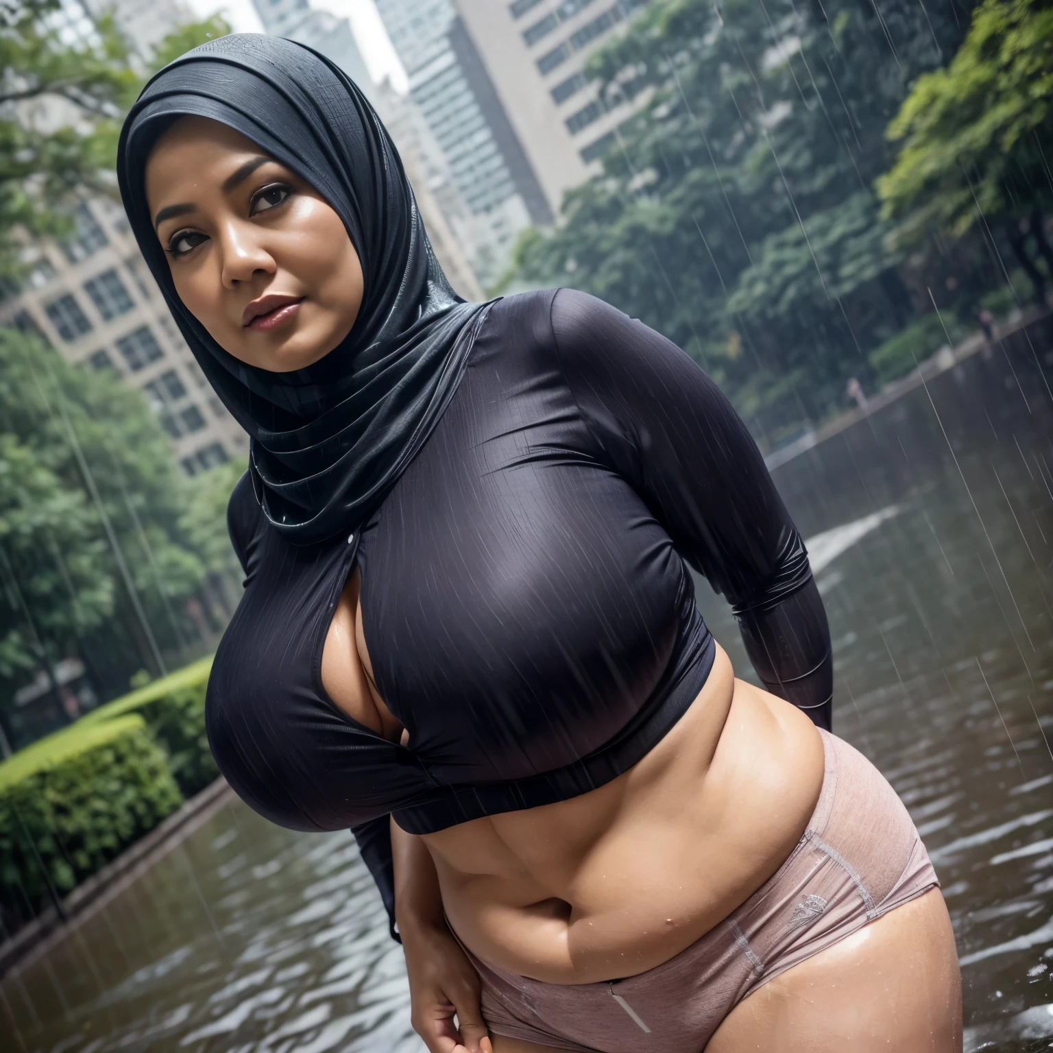 56 years Old, Indonesian Hijab Mature woman, Ultra Droopiest gigantic saggiest longest mature tits : 136.9, wearing Shirt, Wearing Sport Bra, her Gigantic breast Burst Out, Busty body, Wet body, rainy atmosphere, heavy rain, at central park, full body, gravure Idol, Cold Situation, Daytime