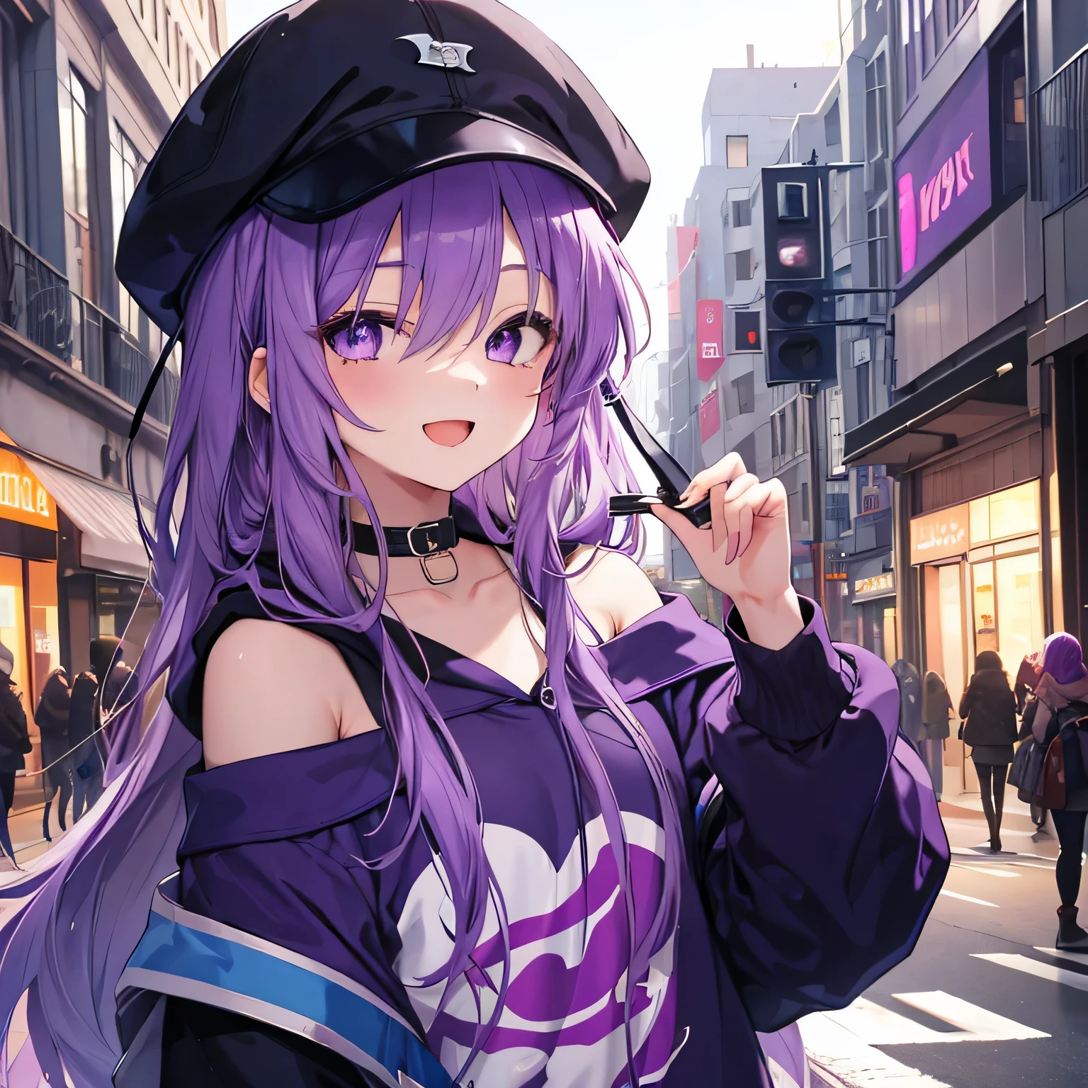 masterpiece, 1girl, solo, purple eyes, long hair, purple hair, hoodie, off shoulder:1.2, smile, open mouth, ((eyes close)), mob cap, street, posing