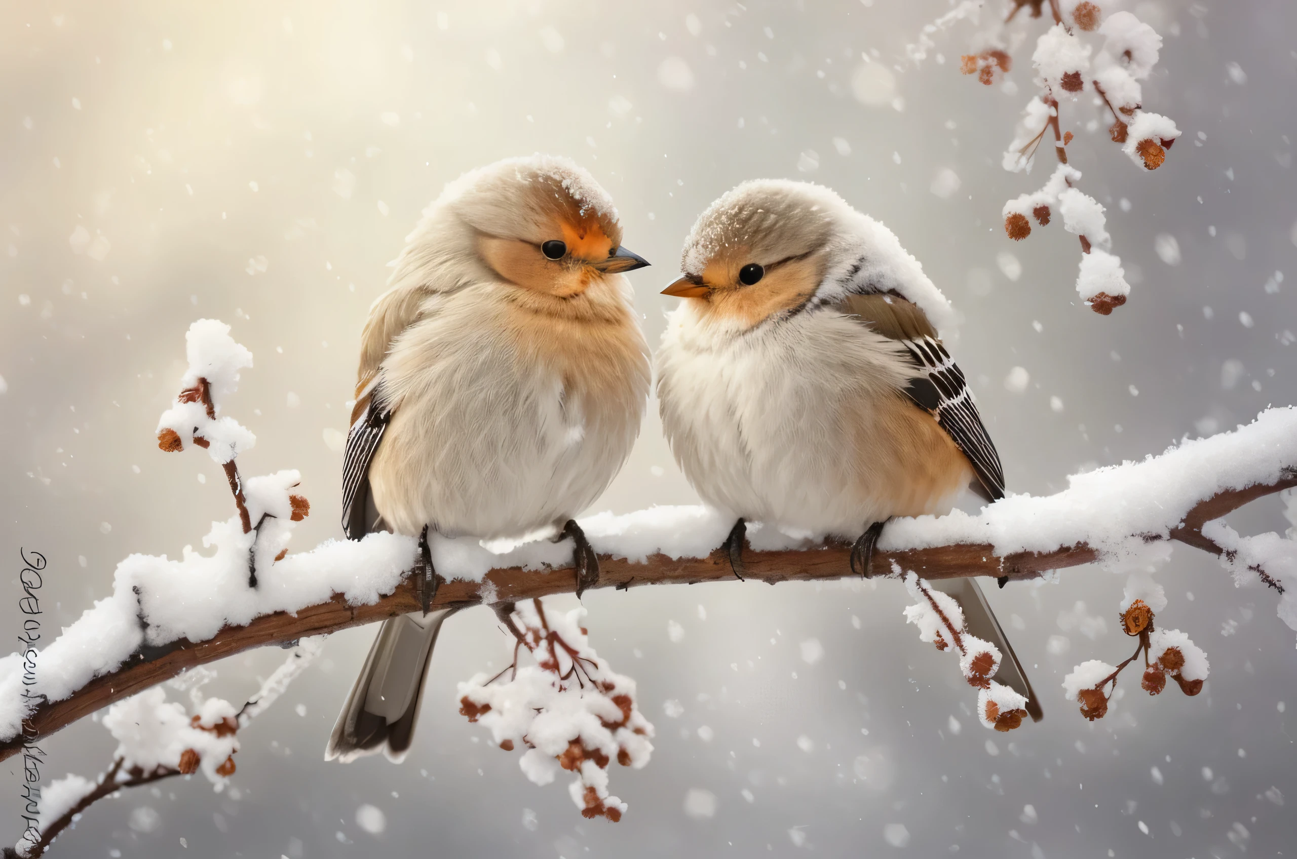 there are two birds sitting on a branch in the snow, winter in the snow, beautiful and cute, winter time, lovely and cute, in the winter, in the snow, by Igor Kieryluk, winter photograph, winter setting, birds in the sunlight, lovely couple, winter season, cute and lovely, so cute, photo of a beautiful, birds f cgsociety