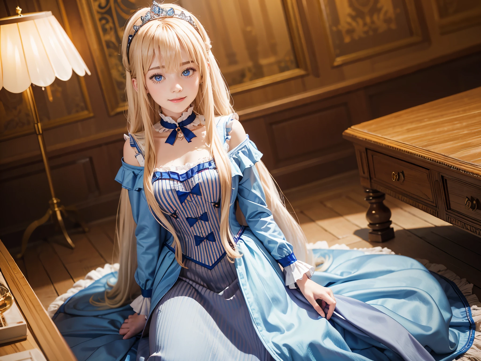 Raw Photography,8k Resolution, Masterpiece, Best Quality, High Quality, Highres, Beautiful Face, Beautiful Girl, Beautiful Eyelashes, Cute Face, Hair Bangs, ultra-detailliert, Long Blonde Hair, Princess Gown, Alone, Solo, Victorian House, full body shot, light particles, bokeh, wide view, Mia Luna Tearmoon, smile