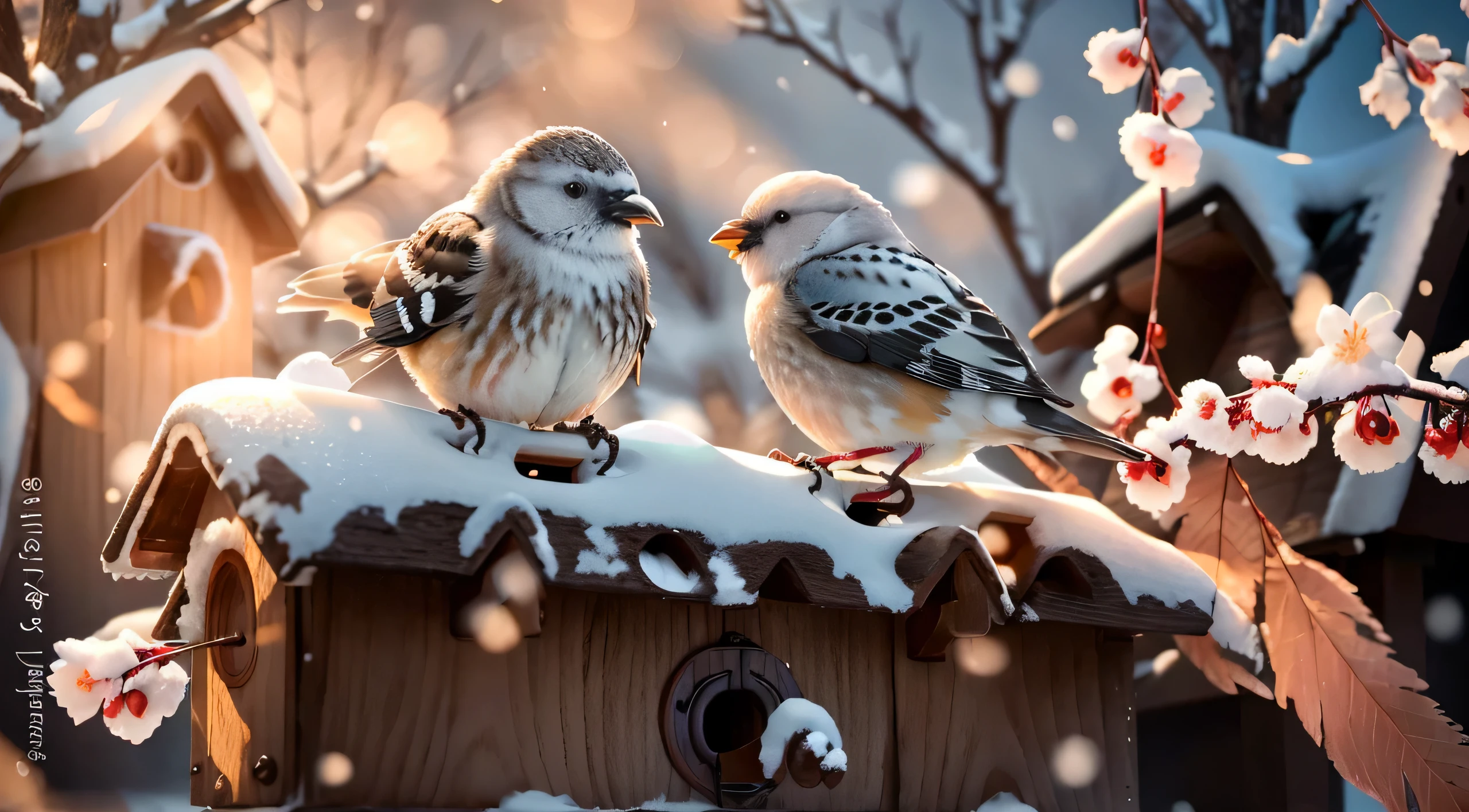 there are two birds sitting on a birdhouse with snow on the roof, birds in the sunlight, canvas print, warm beautiful scene, birds on cherry tree, at sunrise in springtime, radiant morning light, sunny morning light, against dark background, beautiful nature, sunny winter day, springtime morning, winter setting, dramatic warm morning light, photo of a beautiful, soft morning lighting