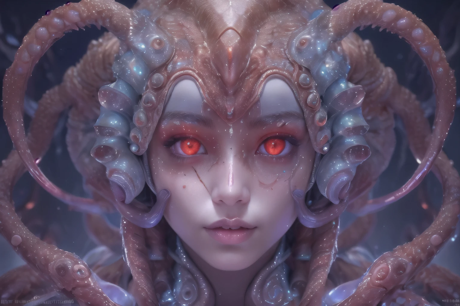 Portrait, (beautiful female alien:1.2), (she has red eyes with no pupils:1.8), (Translucent skin:1.7), (There is a female genital-like organ in the middle of the forehead:1.9), (The most beautiful face in the history of the universe:1.2),an evil gaze that seduces, (large mouth:1.1), (sharp teeth like a vampire:1.2), Full body like, (bio luminescent:1.5), (Smile wickedly:1.3), (sexypose:1.5), alien, No humans, cells are fused, (Lots of translucent tentacles:1.3) extraterrestrial, cell, bio image, Best Quality, 8K,4K_quality, High Definition, Dramatic Lighting, masutepiece:1.5,cinematic quality, detail up, (Intricate details:1.2), High resolution, High Definition, drawing faithfully, (Thick eyebrows:1.2), Beautiful eyes with fine symmetry,(Highly detailed face and eyes:1.2), Intimate face, (Super detailed skin quality feeling:1.4), Perfect Anatomy, (Beautiful toned body:1.5), (Moist skin:1.2), No makeup, (dark circles:1.1), long canines, cinematic drawing of characters, ultra high quality model, cinematic quality, detail up, (Intricate details:1.2), High resolution, High Definition, drawing faithfully, Official art, Unity 8K wall , 8K Portrait, Best Quality, Very High resolution, ultra detailed artistic photography, midnight aura, unreal enginee 5, Ultra Sharp Focus, art by alberto seveso, ArtGerm, Roisch, intricate artwork, best quality, masutepiece, ultra High resolution, (photos realistic:1.4), Ultra-realistic realism, dream-like, nautilus, Creation of fantasy, Snail, Dream Snail, biopunk nautilus, Thrilling color schemes, Ultra-realistic realism, seductively smiling, Blue tentacles,