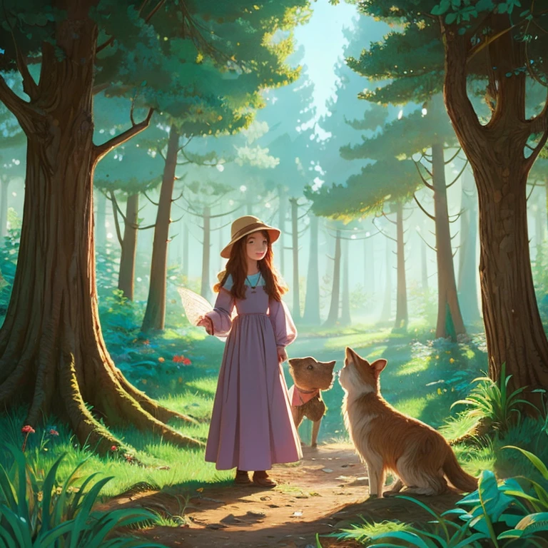 Illustration for a fairy tale about a girl, standing in the woods, who knows how to talk to animals