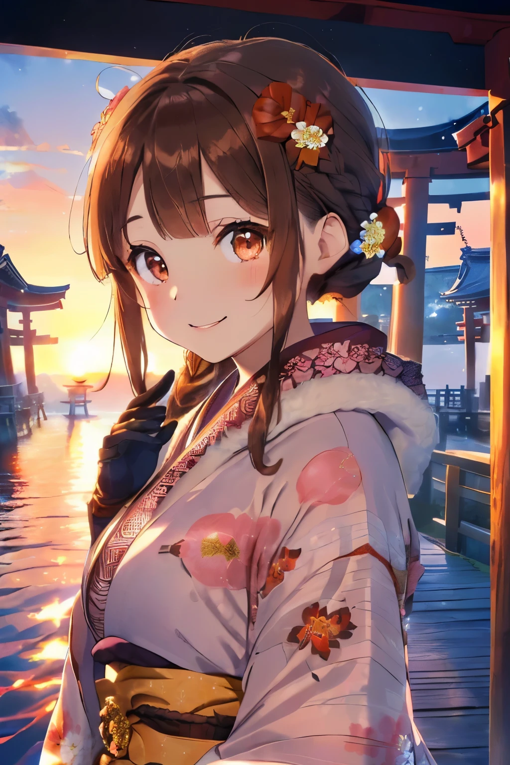 (Brown hair),(Braided shorthair),(With bangs),(Brown eyes:1.25),Slight red tide,(Her eyes are sparkling:1.2),(Eye size:1.7),(gloves:1.5),(Kimono with cute design:1.4),(shores:1.4),(🌊),(first sunrise from the horizon:1.5),(Torii in the sea:1.4),(place々Japanese clothes with lace:1.3),(Brown short boots),(Happy smile:1.1),(Smiling smile:1.15),(Kadomatsu:1.25),(Accessories shaped like flowers and crystals:1.3),(close up of face:1.25),(和風な雰囲気の場place),(warm winter coat:1.3),(muffler:1.3),