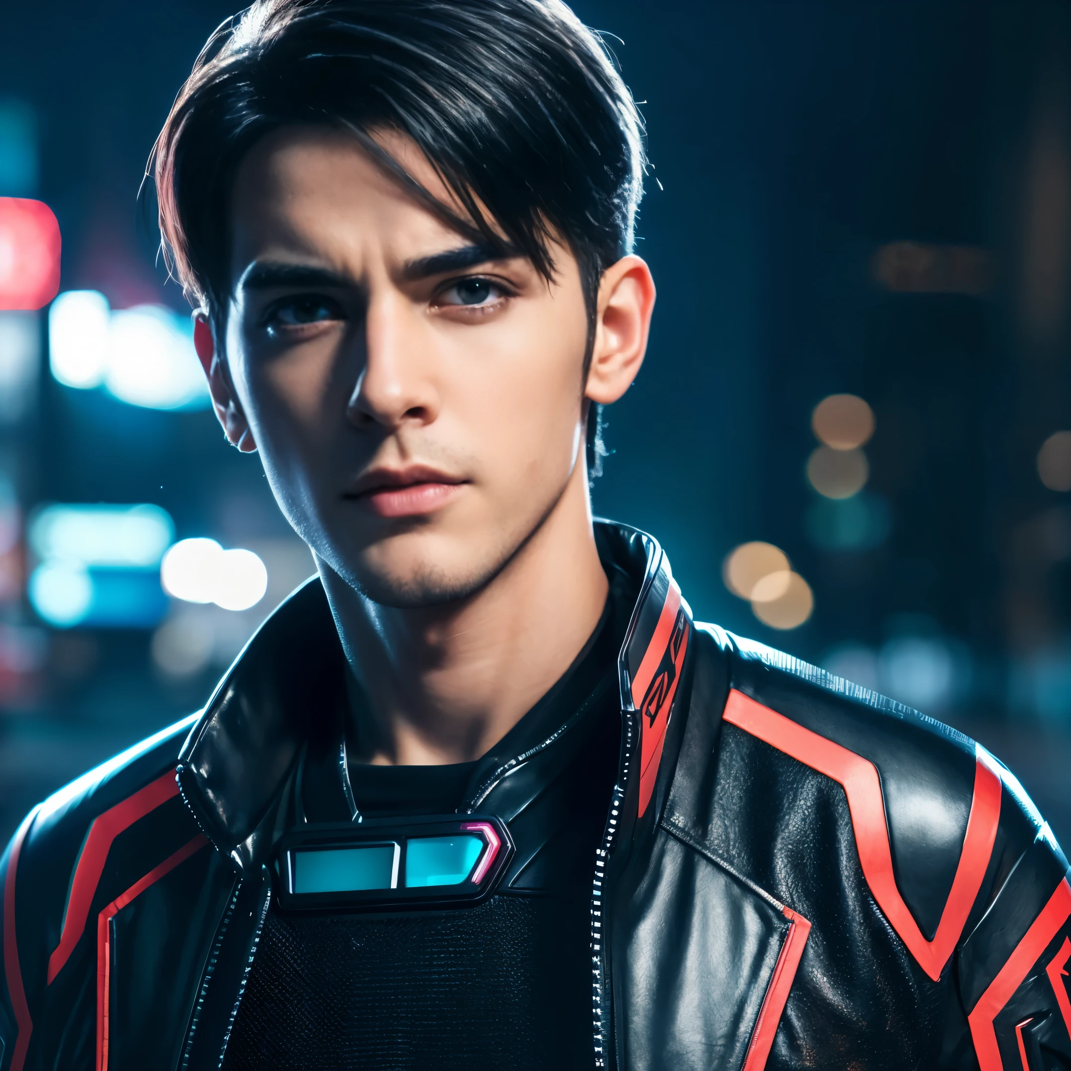Change background of cute boy taking selfie in cyberpunk place, lifelike face, 8K, ultra
