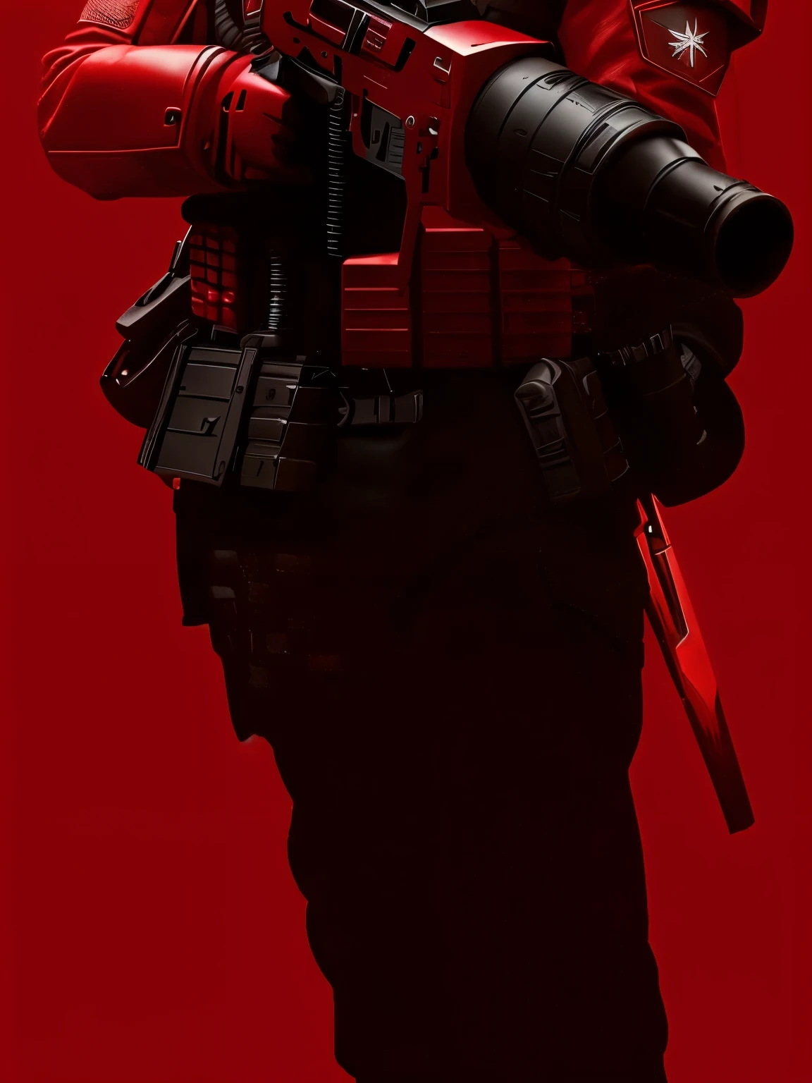 Close-up of a man in a red uniform holding a gun, cyberpunk Imperial team, Dystopian bounty hunter, 深Red heavy armor, in a dark space mercenary outfit, Red heavy armor, door gunner, Rogue level warrior level, mercenary, Wearing tactical armor, Soldier suit, female rouge killer, future soldier clothing, Future combat equipment, Imperial team, Red leather armor