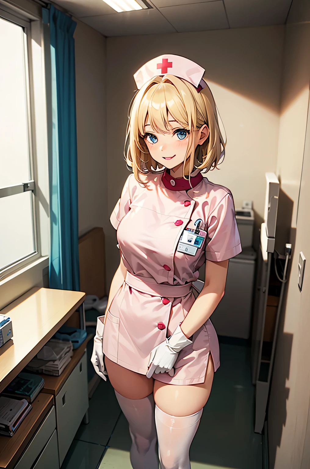 1woman, solo, nurse, nurse cap, white wear, ((white legwear, zettai ryouiki)), white gloves, blonde hair, blue eyes, pink lips, smile, standing, ((hospital room)), sharp outline, short sleeves, mature female, 35 years old, best quality, masterpiece