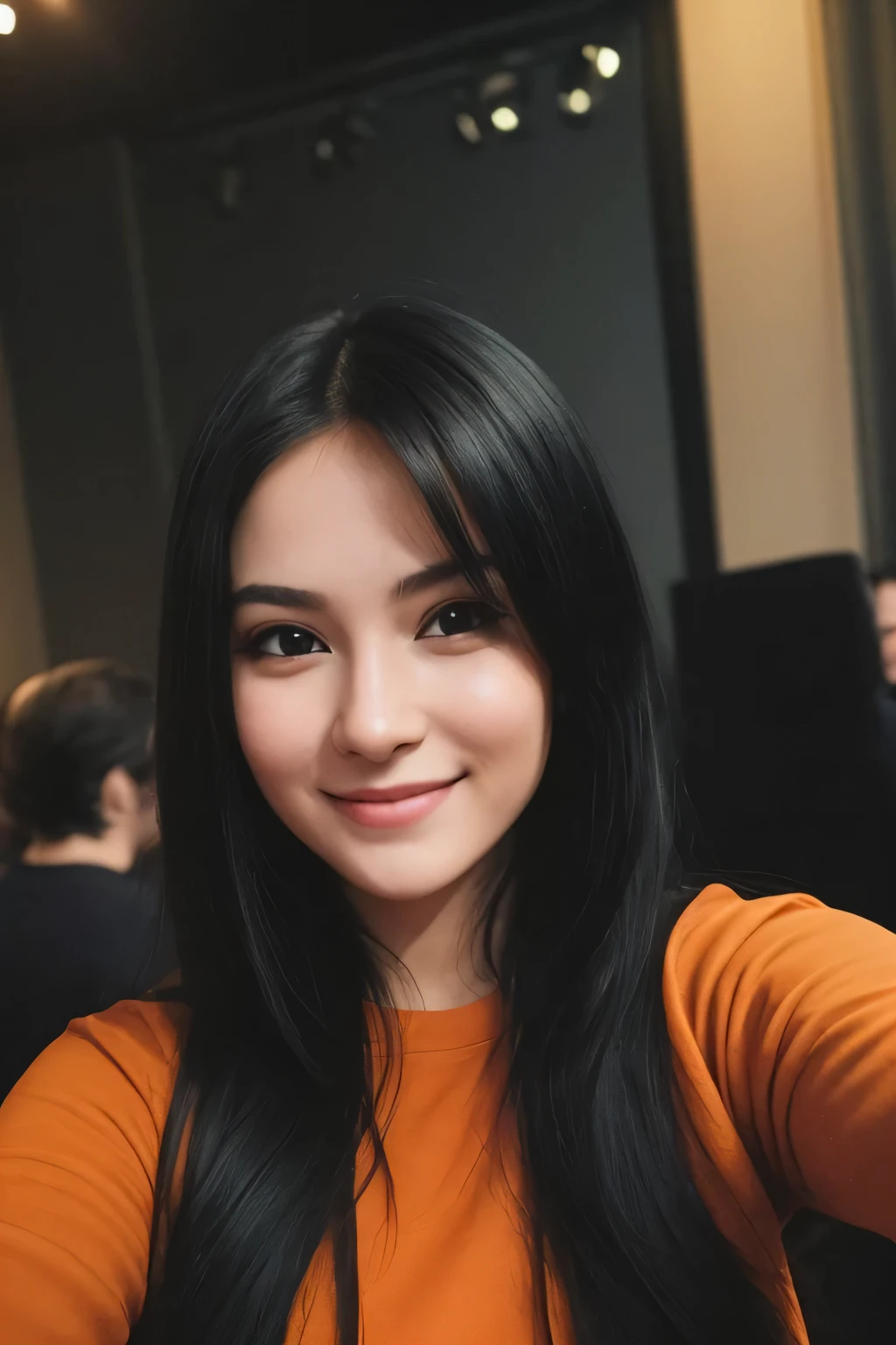 smiling woman standing inside a live music concert hall with orange casual shirt and black jeans jacket, selfie of a young woman long black hair, 8k selfie photograph, 30 years old woman, without makeup, she is facing the camera, portrait shot 8 k, selfie shot straight on angle, face picture, very very low quality picture, headshot profile picture, looking straight to camera